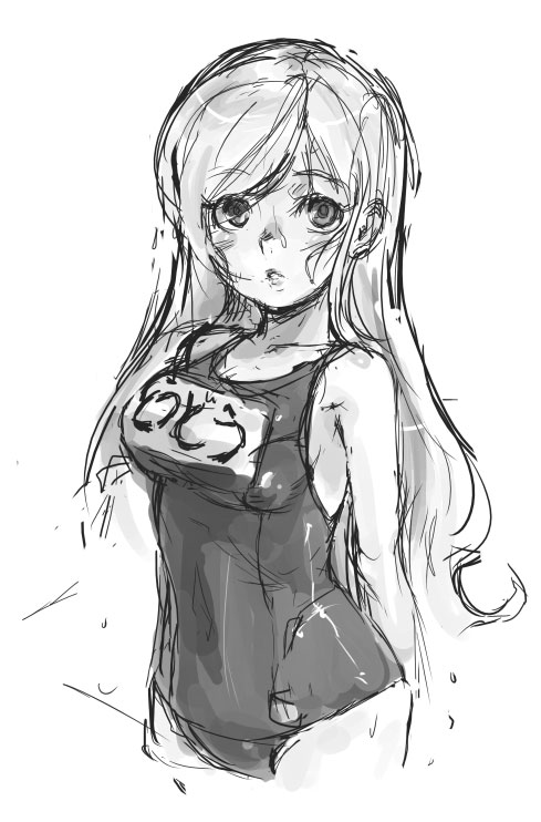randou, toudou shimako, maria-sama ga miteru, 00s, 1girl, female focus, greyscale, monochrome, name tag, one-piece swimsuit, school swimsuit, solo, swimsuit