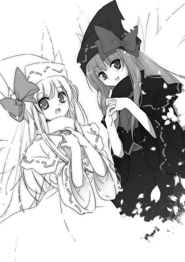kurudaz, lily black, lily white, touhou, 2girls, dual persona, female focus, greyscale, monochrome, multiple girls, white background
