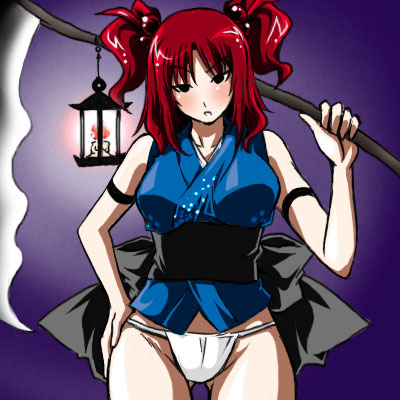 tajima yuuki, onozuka komachi, touhou, lowres, 1girl, belt, blush, candle, female focus, fundoshi, hand on own hip, head tilt, japanese clothes, lantern, no pants, red hair, scythe, solo, standing, thigh gap, twintails, two side up