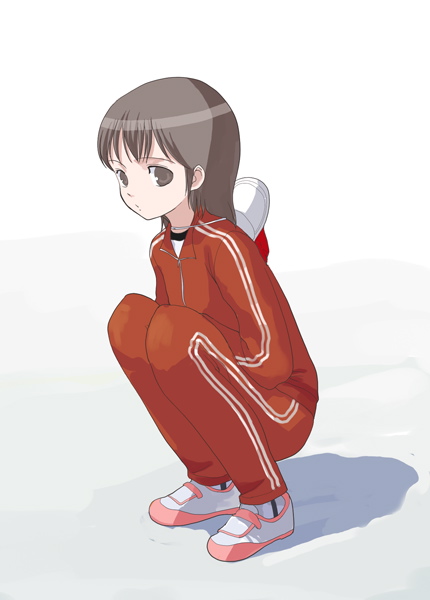 natori (natorism), original, brown eyes, brown hair, double vertical stripe, gym uniform, solo, squatting, track suit