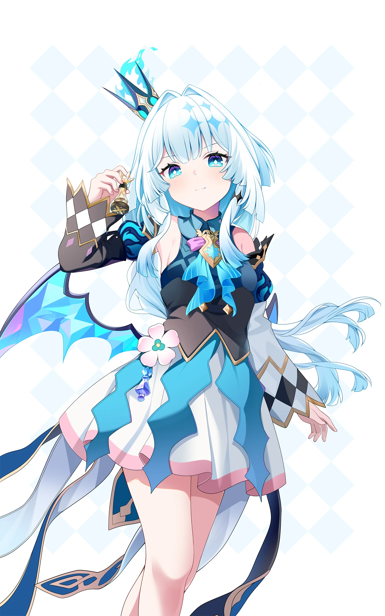 cerydra (honkai: star rail), honkai: star rail, honkai (series), highres, 1girl, bare shoulders, blue eyes, blue hair, breasts, checkered background, chess piece, closed mouth, crown, detached sleeves, diamond-shaped pupils, diamond (shape), dress, hair intakes, hair ornament, holding, holding sword, holding weapon, jewelry, long hair, long sleeves, looking at viewer, skirt, small breasts, smile, solo, standing, sword, symbol-shaped pupils, weapon, white background, white hair, white skirt, wings, yanyue tsuki