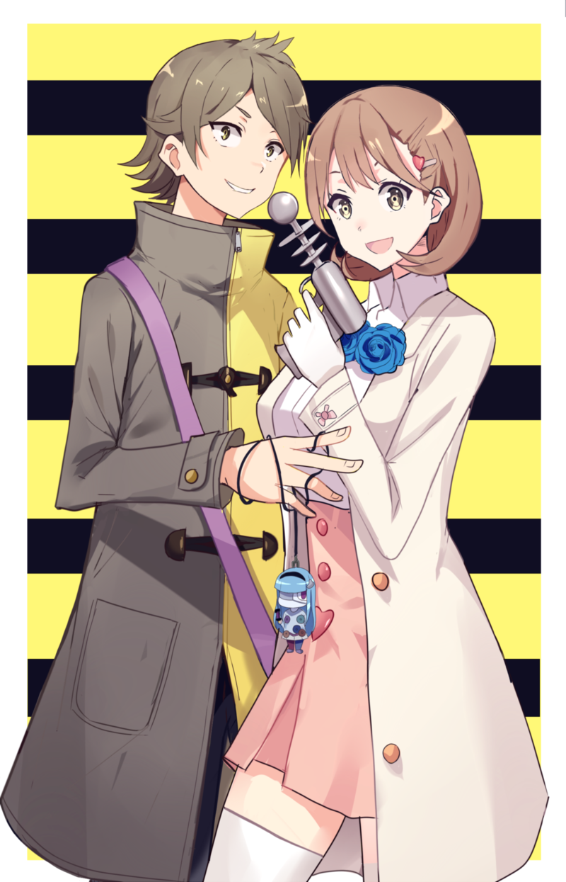 kenkaizar, gamon yuuta, narusawa ryouka, zonko (occultic;nine), occultic;nine, science adventure, highres, 1boy, 1girl, brown coat, buttons, coat, collared shirt, dress shirt, green eyes, green hair, grin, hair ornament, heart, heart button, heart hair ornament, high-waist skirt, holding ray gun, miniskirt, multicolored coat, open mouth, parted lips, pink skirt, shirt, short hair, skirt, smile, thighhighs, tongue, white coat, white shirt, white thighhighs, yellow coat
