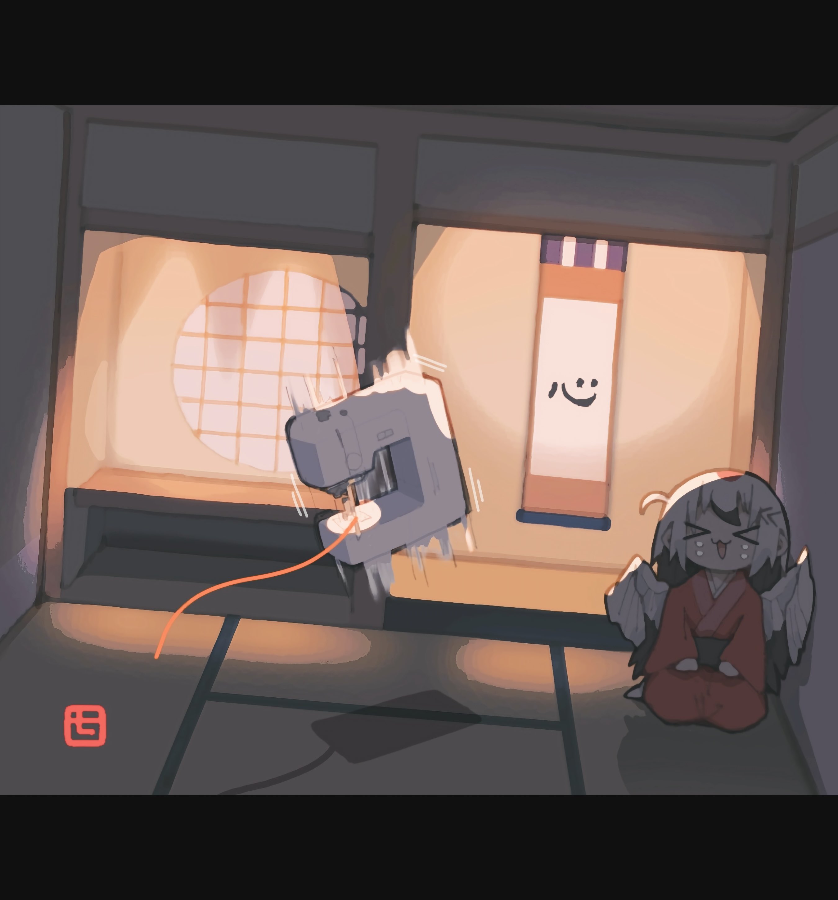 nikamoka, original, absurdres, commentary request, highres, > <, 1girl, angel wings, black sash, floating, indoors, japanese clothes, kimono, letterboxed, obi, red kimono, sash, seiza, sewing machine, shadow, side ahoge, sitting, solo, tatami, tears, window, wings