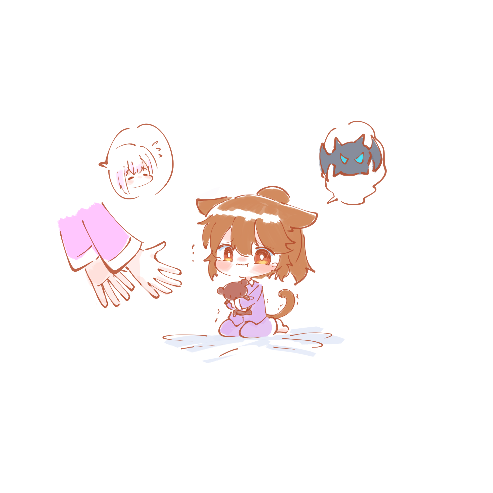 teisuu, funada ui, nagasawa yuki (assault lily), assault lily, commentary request, highres, 2girls, :t, = =, aged down, animal ears, barefoot, bed sheet, blush, bright pupils, brown hair, cat ears, cat girl, cat tail, chibi, closed eyes, closed mouth, disembodied hand, flying sweatdrops, hands up, high ponytail, holding, holding stuffed toy, kemonomimi mode, long sleeves, looking at another, monster, multiple girls, no mouth, orange eyes, pajamas, pants, ponytail, purple pajamas, purple pants, reaching, reaching towards another, scared, seiza, short hair, simple background, sitting, solo focus, spoken character, stuffed animal, stuffed toy, tail, tearing up, teddy bear, trembling, wavy mouth, white background, white pupils