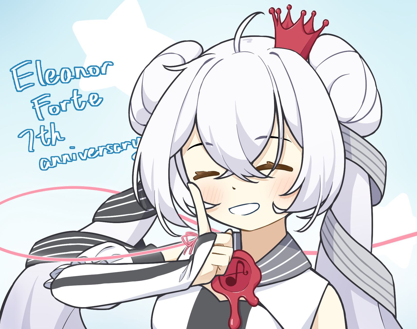 yu ying (puuarfmm0qqcw1f), eleanor forte, synthesizer v, commentary, english commentary, highres, 1girl, ^ ^, ahoge, anniversary, blue background, blush, bridal gauntlets, character name, closed eyes, crown, double bun, grin, hair bun, mini crown, smile, solo, star (symbol), teeth, twintails, white hair