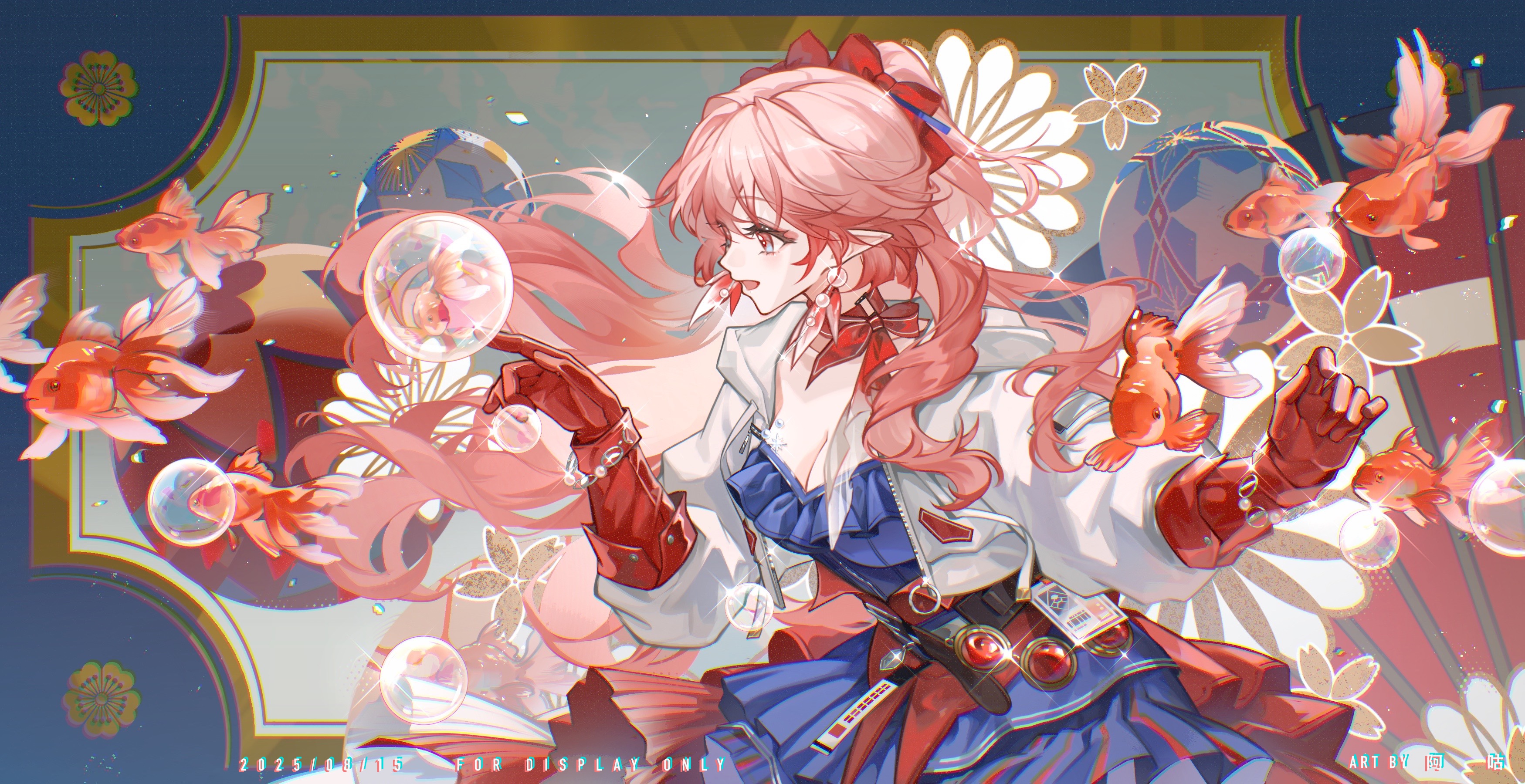 xianyu guguzi, haruka (arknights), arknights, absurdres, highres, 1girl, artist name, belt, blue bow, blue skirt, bow, bubble, earrings, fingerless gloves, fish, flower, gloves, goldfish, hair bow, jacket, jewelry, long hair, long sleeves, open clothes, open jacket, pink eyes, pink hair, pointy ears, ponytail, red eyes, red gloves, red hair, shirt, skirt, smile, solo, very long hair, watermark, white jacket