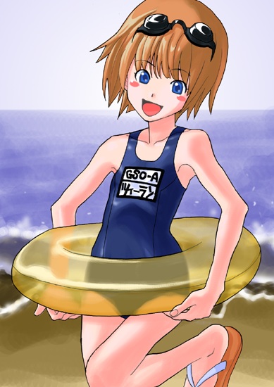 iwami atto, 1girl, bad anatomy, beach, blush stickers, female focus, goggles, innertube, name tag, one-piece swimsuit, open mouth, poorly drawn, school swimsuit, solo, swim ring, swimsuit