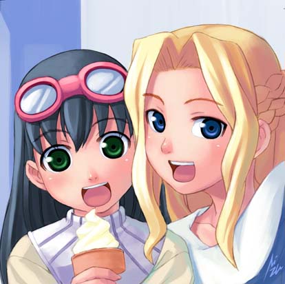 mizuki gyokuran, kasha maverick, silvia ban, solty rei, jpeg artifacts, lowres, 00s, 2girls, black hair, blonde hair, blue eyes, food, goggles, goggles on head, green eyes, ice cream, ice cream cone, long hair, looking at viewer, multiple girls, open mouth, soft serve