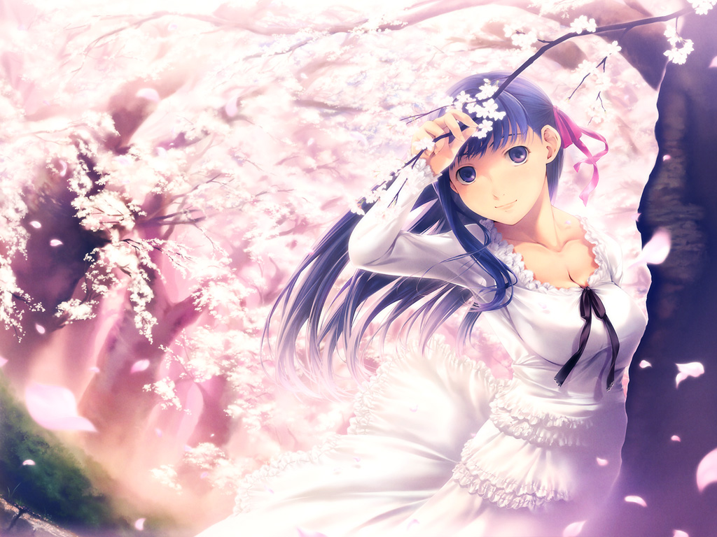 simosi, matou sakura, fate/stay night, fate (series), 00s, 1girl, blue hair, cherry blossoms, female focus, name connection, object namesake, solo