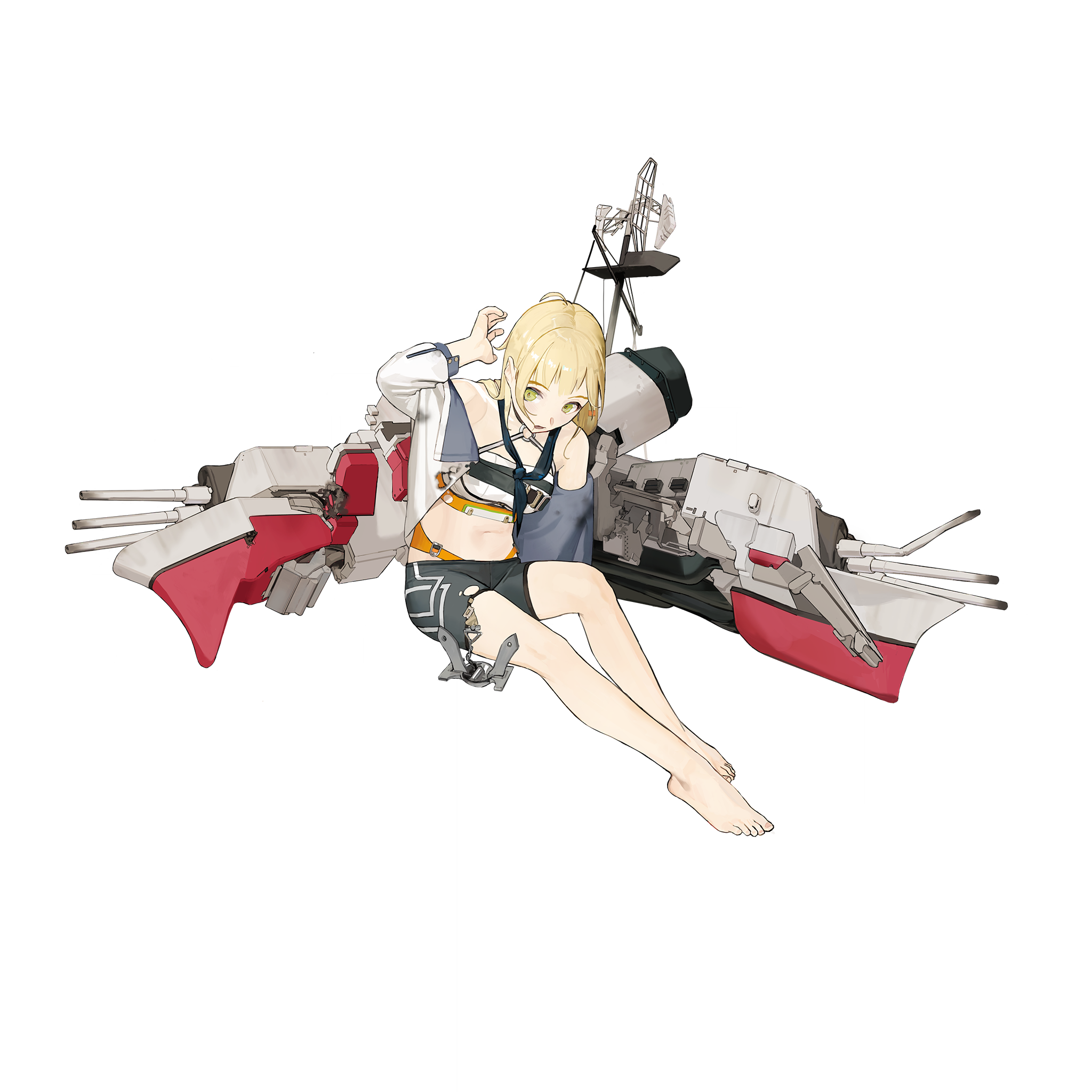 warship girls r, artist request, highres, official art, 1girl, arm up, barefoot, black neckerchief, black shorts, blonde hair, chicago (ca-136) (warship girls r), choker, green eyes, gym shorts, halterneck, jacket, jacket partially removed, looking at viewer, mast, neckerchief, o-ring, o-ring choker, rigging, shorts, sports bra, sportswear, torn clothes, torn shorts, transparent background, white jacket, white sports bra