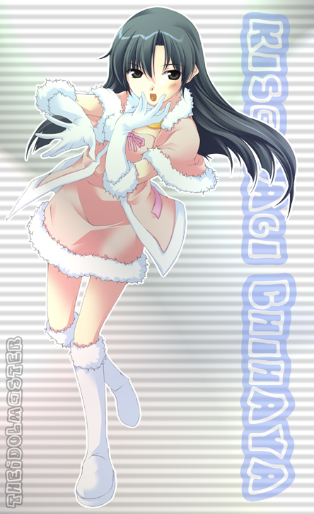 akaho sakura, kisaragi chihaya, idolmaster, idolmaster (classic), idolmaster 1, fur, 00s, 1girl, boots, cape, character name, copyright name, cute & girly (idolmaster), dress, female focus, snow strawberry, solo