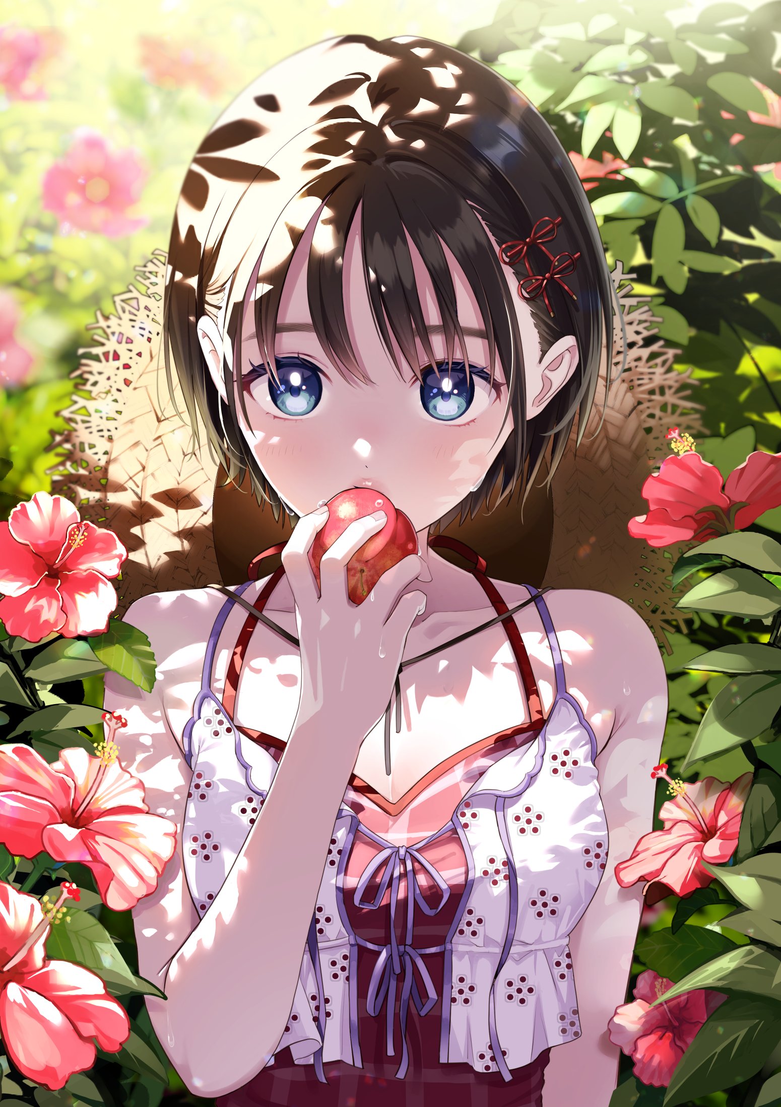 matsuzaki miyuki, comiket 106, original, commentary request, highres, 1girl, apple, armpit crease, bare arms, bare shoulders, black hair, blue eyes, breasts, bush, cleavage, collarbone, dappled sunlight, eating, fingernails, flower, food, fruit, gingham, gingham shirt, hair ribbon, hand up, hat, holding, holding food, holding fruit, leaf, lily (flower), looking at viewer, open clothes, open vest, pink flower, print vest, purple ribbon, red ribbon, red shirt, ribbon, shirt, short hair, sleeveless, sleeveless shirt, small breasts, solo, spaghetti strap, straight-on, straw hat, sunlight, unworn hat, unworn headwear, upper body, vegetation, vest, white vest