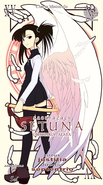 mizuki makoto, sakurazaki setsuna, mahou sensei negima!, 00s, 1girl, card (medium), character name, female focus, pactio, ponytail, sica shishikushiro, side ponytail, solo, sword, thighhighs, weapon, wings