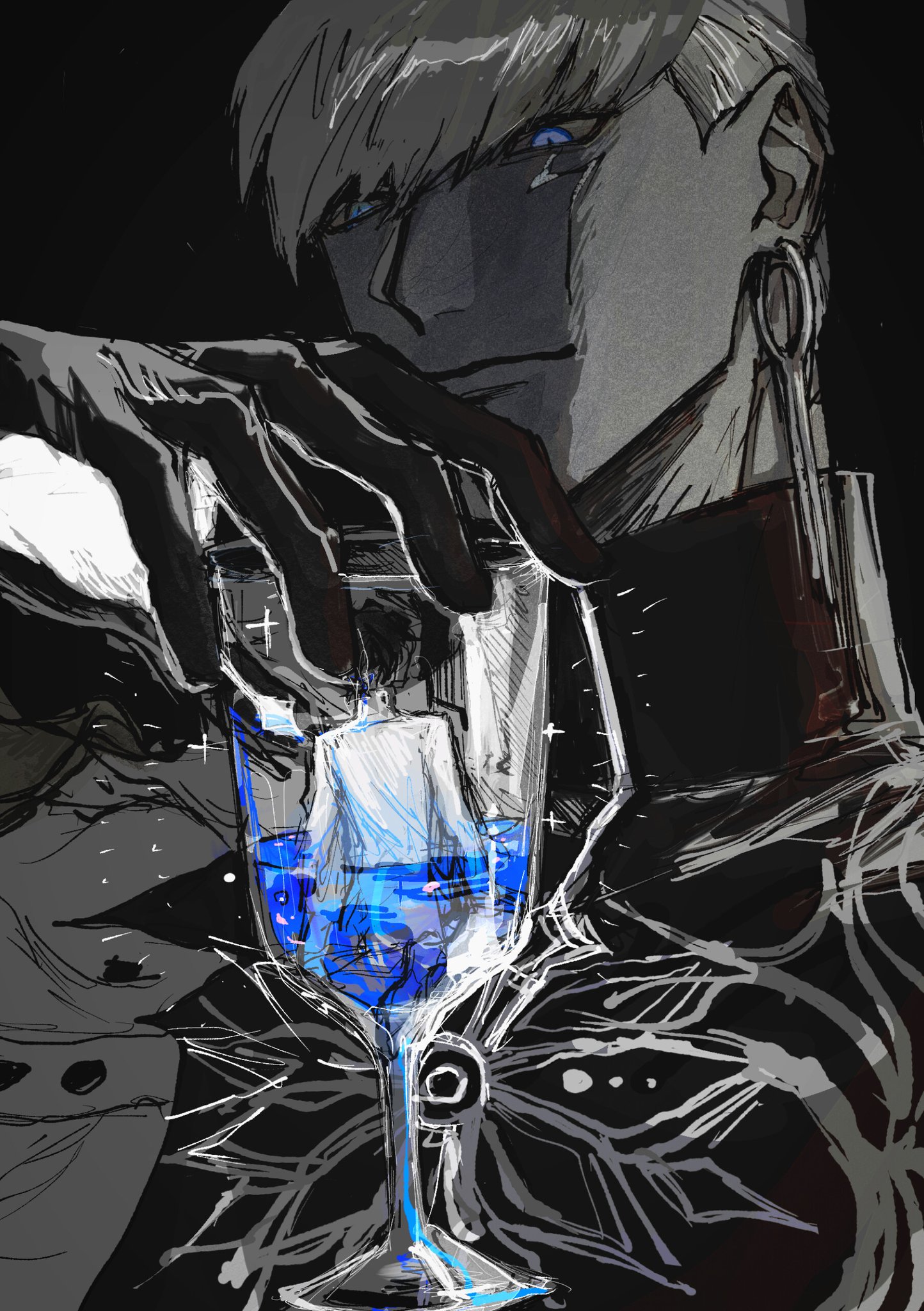 kkh tool, arjuna (fate), indra (fate), fate/grand order, fate (series), highres, 2boys, arm up, black background, blue eyes, closed mouth, coat, cup, earrings, father and son, giant, gloves, holding, holding cup, jewelry, long sleeves, looking at another, male focus, multiple boys, piercing, popped collar, short hair, simple background, spot color, upper body