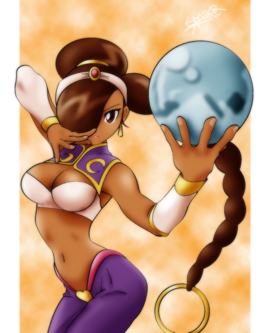 rouge (power stone), capcom, power stone, 1990s (style), 1girl, arabian clothes, ball, bracelet, braid, breasts, brown eyes, brown hair, cleavage, dark-skinned female, dark skin, earrings, female focus, gypsy, hair ornament, hair over one eye, headband, heart, jewelry, large breasts, long hair, midriff, navel, pants, retro artstyle, ring, single braid, solo