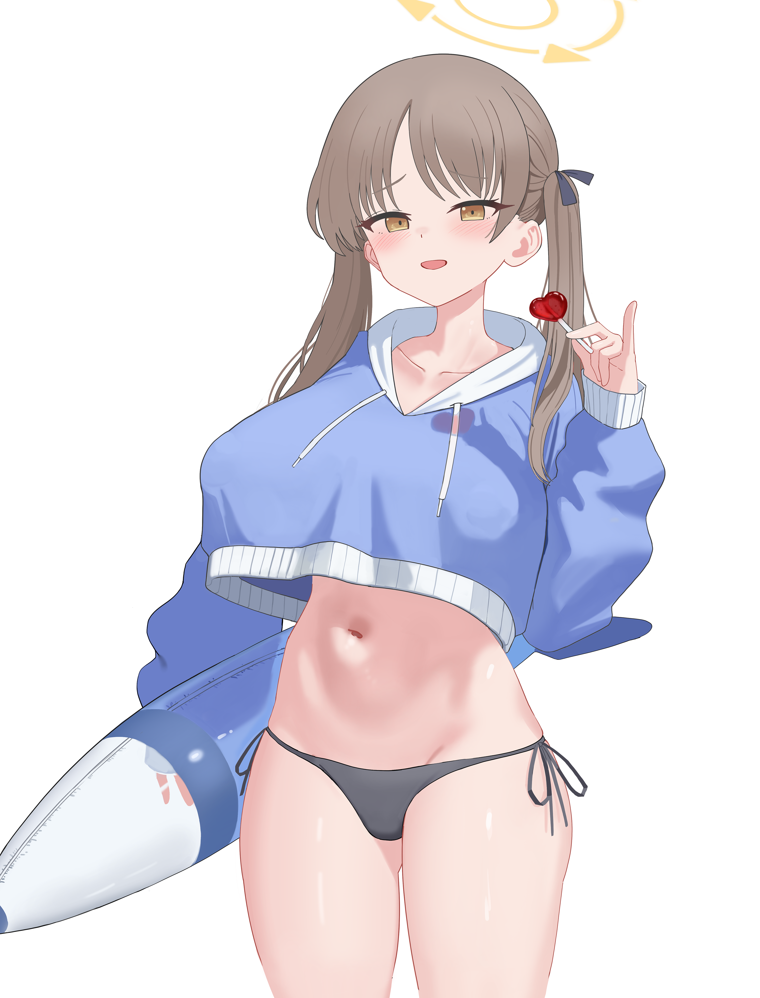 whoning1, moe (blue archive), moe (swimsuit) (blue archive), blue archive, absurdres, highres, 1girl, bikini, black bikini, blue hoodie, breasts, brown hair, candy, cropped hoodie, food, halo, holding, holding candy, holding food, hood, hoodie, huge breasts, lollipop, navel, official alternate costume, simple background, solo, swimsuit, twintails, white background