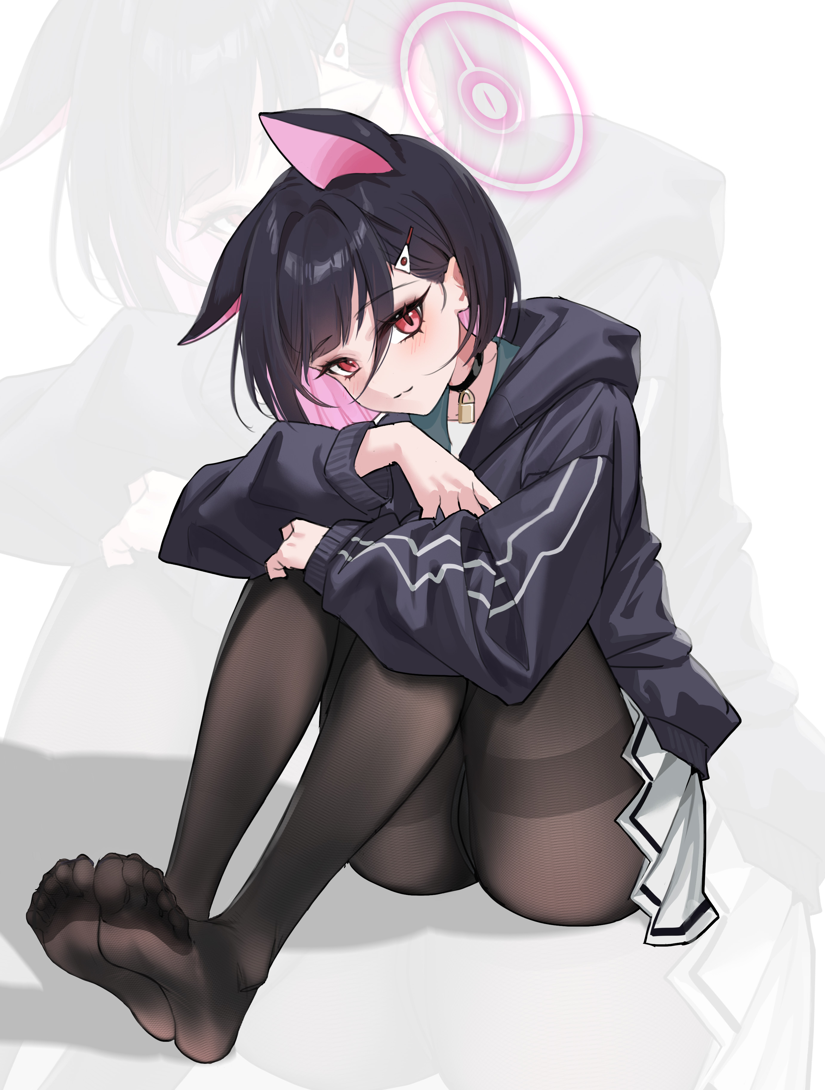 bingmang, kazusa (blue archive), blue archive, absurdres, highres, 1girl, black hair, blush, feet, looking at viewer, medium hair, multicolored hair, panties, panties under pantyhose, pantyhose, pink hair, red eyes, soles, toes, two-tone hair, underwear