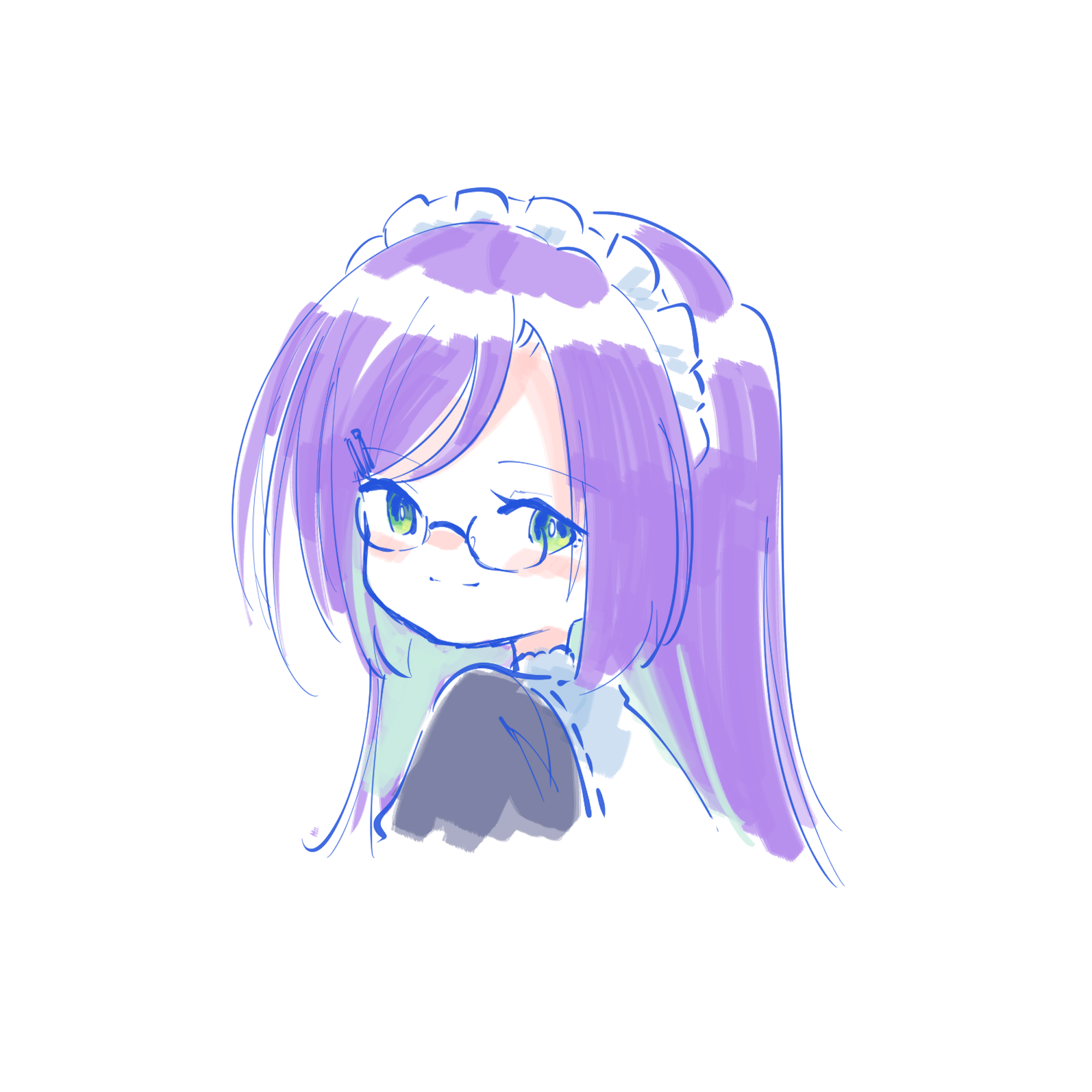 teisuu, maki wakana, assault lily, commentary request, highres, 1girl, black-framed eyewear, black shirt, blush, bright pupils, closed mouth, cropped shoulders, from behind, glasses, green eyes, hair ornament, hairclip, long hair, looking at viewer, looking back, maid, maid headdress, official alternate costume, parallel hairclips, portrait, purple hair, shirt, simple background, smile, solo, swept bangs, white background, white pupils