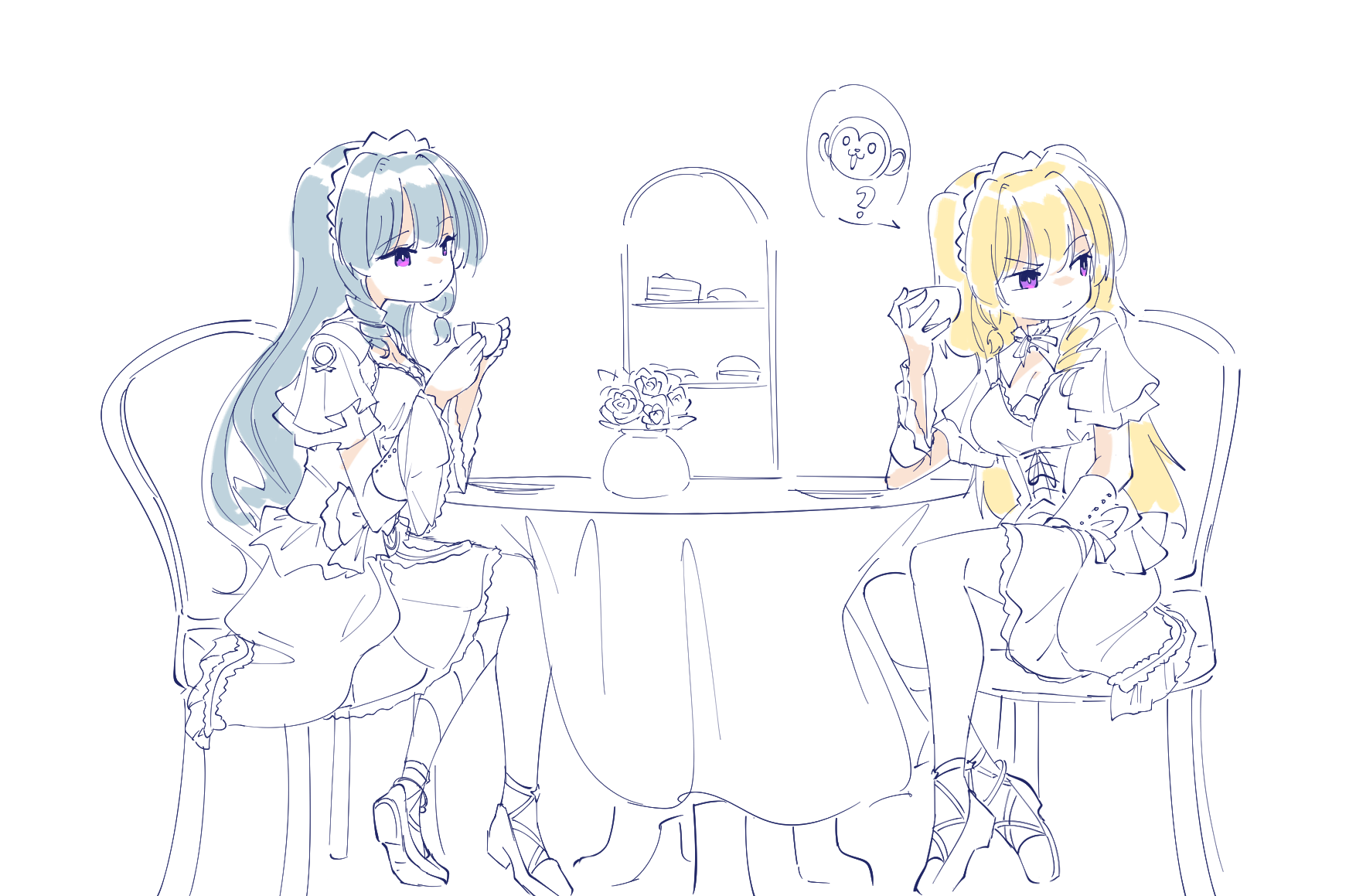 teisuu, assault lily, commentary request, highres, 2girls, ?, ankle lace-up, asymmetrical hair, blonde hair, breasts, cake, cake slice, chair, cleavage, closed mouth, crossed ankles, cup, detached sleeves, dress, drill hair, drill sidelocks, elbow on table, flower, food, full body, ginran'gyoku, grey hair, hairband, hand on lap, hands up, holding, kinran'gyoku, layered sleeves, long hair, looking ahead, looking at another, looking to the side, macaron, medium breasts, monkey, multiple girls, neck ribbon, on chair, partially colored, purple eyes, raised eyebrow, ribbon, rose, saucer, shoes, short sleeves, siblings, sidelocks, simple background, sisters, sitting, smile, spoken animal, spoken question mark, table, teacup, tiered tray, two side up, vase, white background, wide sleeves