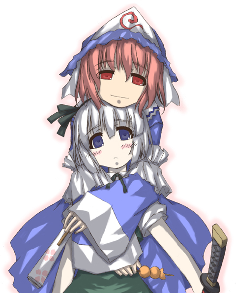 sakuraba yuuki, konpaku youmu, saigyouji yuyuko, touhou, 2girls, blush, female focus, folded fan, folding fan, food, hand fan, hat, hug, japanese clothes, katana, looking at viewer, multiple girls, simple background, smile, sword, triangular headpiece, weapon