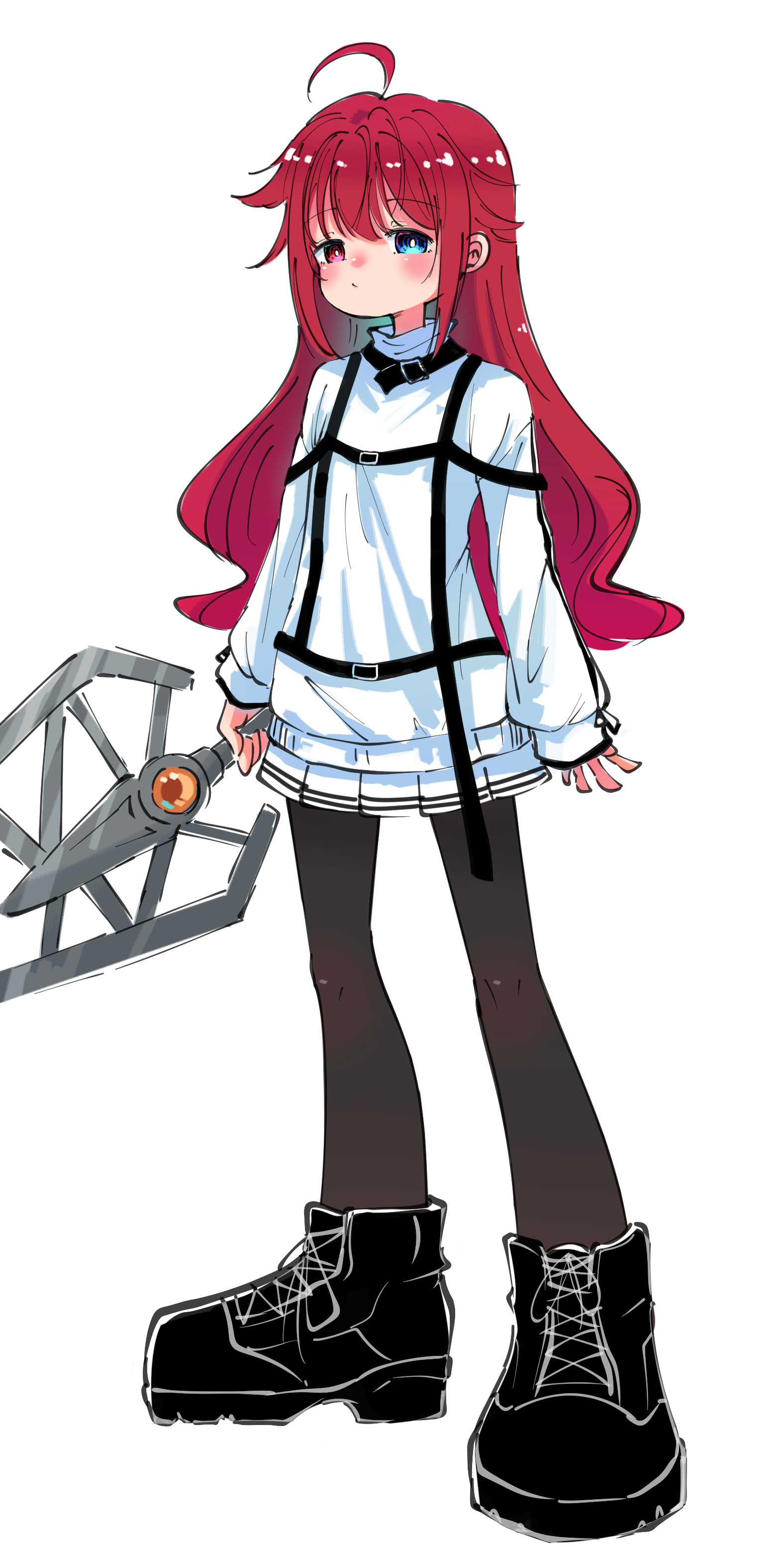 teisuu, assault lily, absurdres, commentary request, highres, 1girl, ??? (assault lily), ahoge, ankle boots, arms at sides, belt, belt buckle, black belt, black boots, black pantyhose, blue eyes, blush, boots, bright pupils, buckle, closed mouth, full body, harness, heterochromia, holding, holding weapon, long hair, long sleeves, looking at viewer, miniskirt, pantyhose, pink eyes, pleated skirt, red hair, shirt, simple background, skirt, sleeves past wrists, solo, standing, turtleneck, weapon, white background, white pupils, white shirt, white skirt