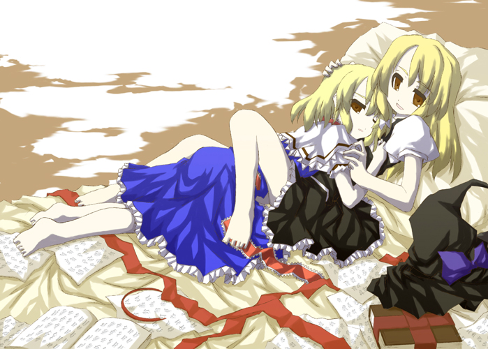 sakuraba yuuki, alice margatroid, kirisame marisa, touhou, hand on head, 2girls, barefoot, bed, blonde hair, book, brown eyes, female focus, hat, hug, hugging own legs, legs, lying, lying on person, multiple girls, one eye closed, paper, pillow, ribbon, skirt, smile, unworn hat, unworn headwear, witch hat, yuri