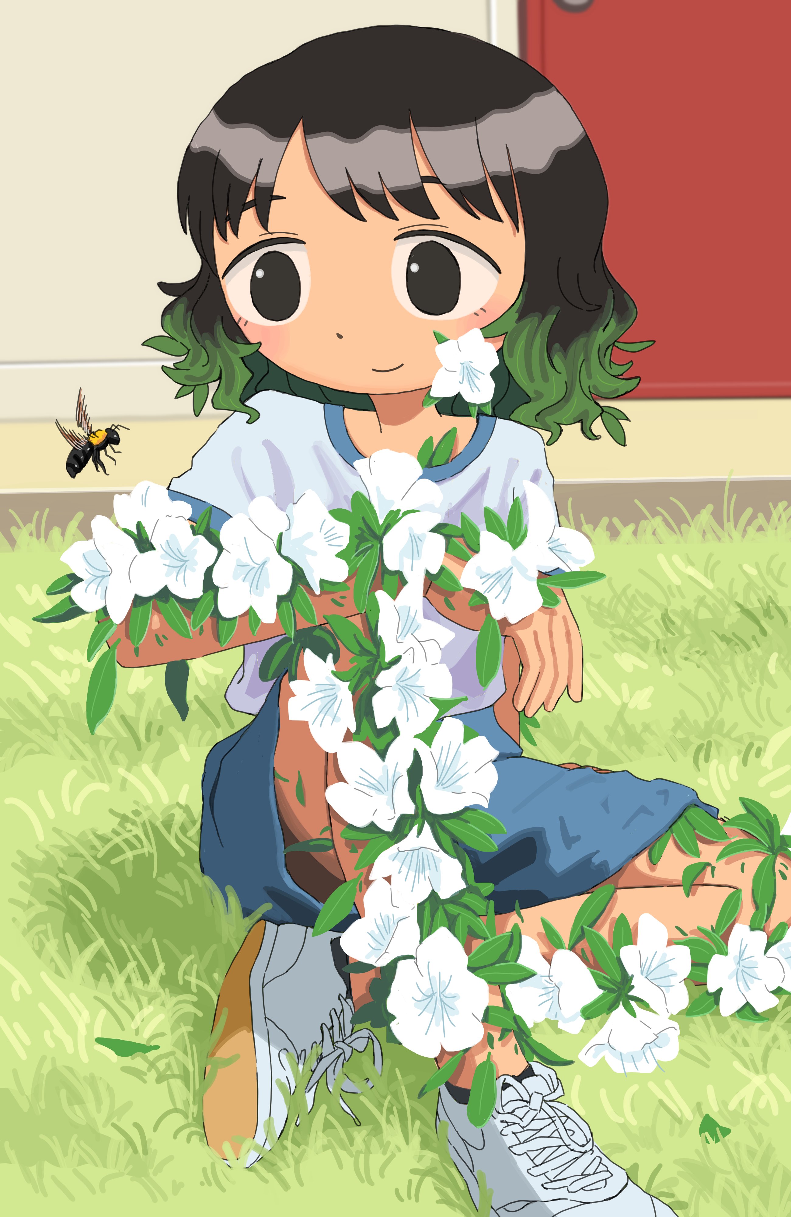 mo ma shima, original, absurdres, highres, 1girl, azalea (flower), bee, black eyes, black hair, blue shorts, bug, flower, grass, green hair, insect, leaf, on ground, shoes, short sleeves, shorts, smile, sneakers, solo, white flower, white shoes