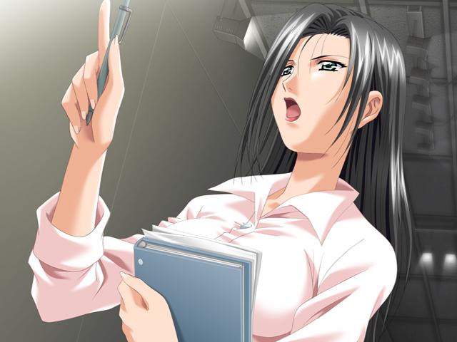 kagemichi, akane yumiko, meshimase idol, game cg, 1girl, black hair, book, breasts, female focus, green eyes, large breasts, lipstick, long hair, makeup, mature female, open mouth, pen, pointing, sleeves rolled up, solo, teacher