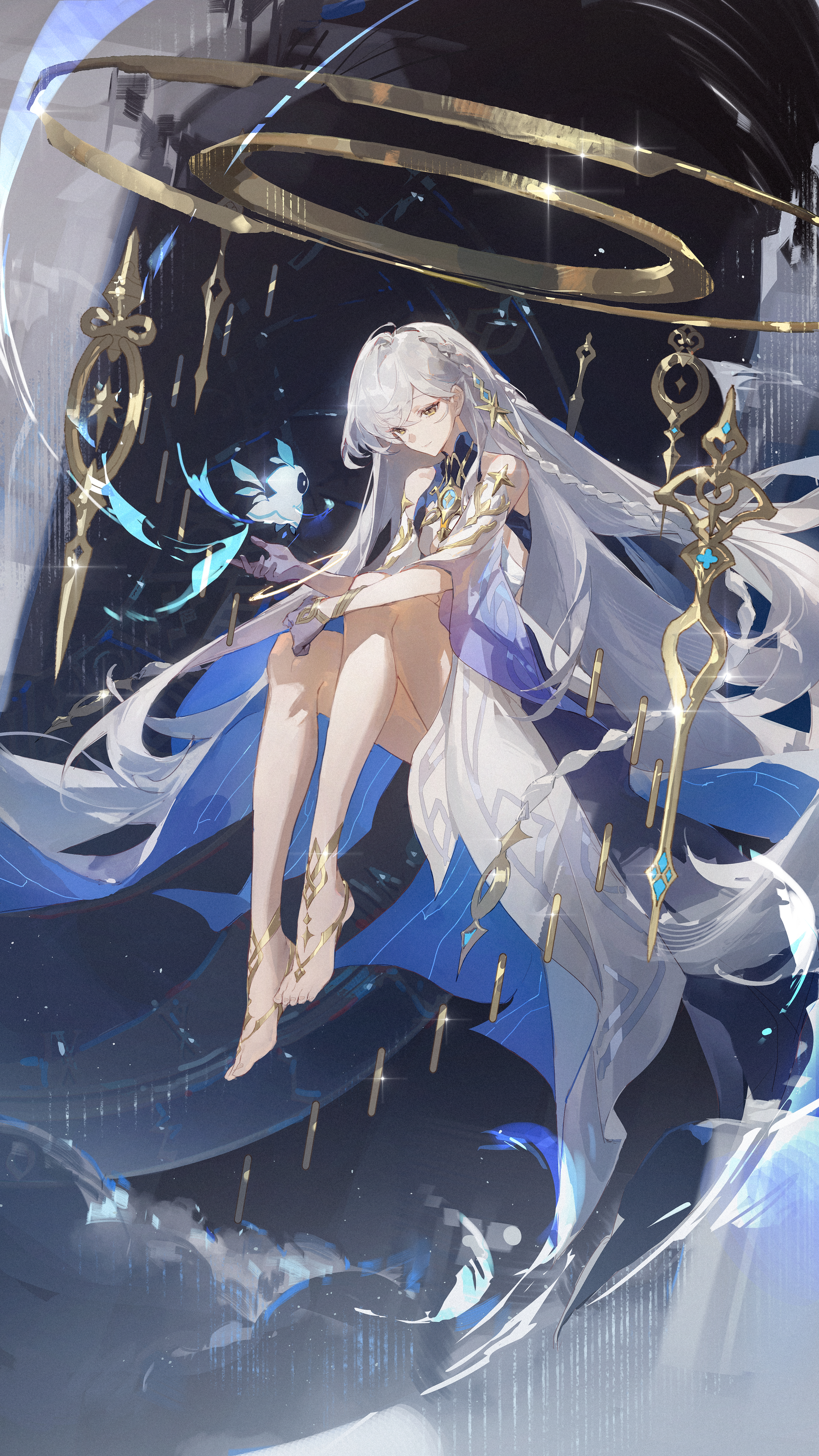 istaroth (genshin impact), genshin impact, absurdres, highres, 1girl, 4yao, anklet, bare shoulders, barefoot, bracelet, braid, closed eyes, closed mouth, dress, floating, floating object, full body, hair ornament, jewelry, long hair, single braid, sitting, solo, very long hair, white dress, white hair