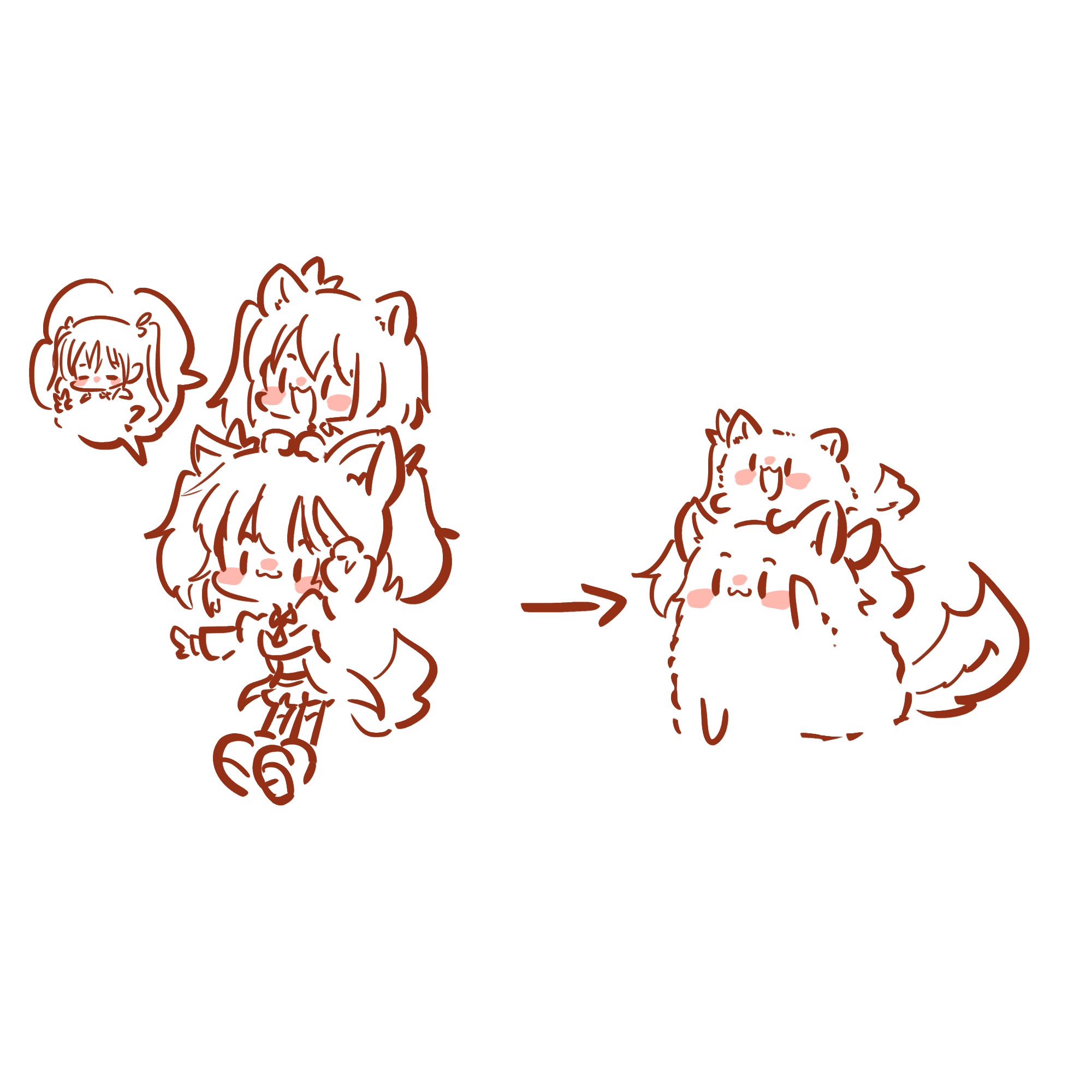 teisuu, hishida haru, kawanabe nazuna, suzuki chinami, assault lily, commentary request, highres, 3girls, :3, :d, = =, ?, animal, animal ears, animal on head, animalization, arrow (symbol), blush, boots, carrying, carrying person, cat, cat ears, cat girl, cat tail, chibi, closed mouth, greyscale, hair ribbon, hands on another's head, hands up, juliet sleeves, kemonomimi mode, long sleeves, looking ahead, miniskirt, monochrome, multiple girls, multiple views, neck, no mouth, odaiba girls high school uniform, on animal, on head, open mouth, outstretched arm, piggyback, puffy sleeves, ribbon, school uniform, shared speech bubble, shirt, side ponytail, simple background, skirt, smile, solid oval eyes, speech bubble, spoken character, spoken question mark, spot color, standing, tail, twintails, white background