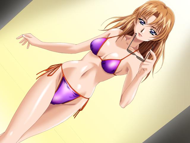 kagemichi, rindou aya (meshimase idol), meshimase idol, game cg, 1girl, bikini, blue eyes, breasts, cleavage, crossed legs, dutch angle, female focus, holding, holding removed eyewear, lips, long hair, navel, orange hair, purple bikini, side-tie bikini bottom, sitting, solo, standing, sunglasses, swimsuit, unworn eyewear