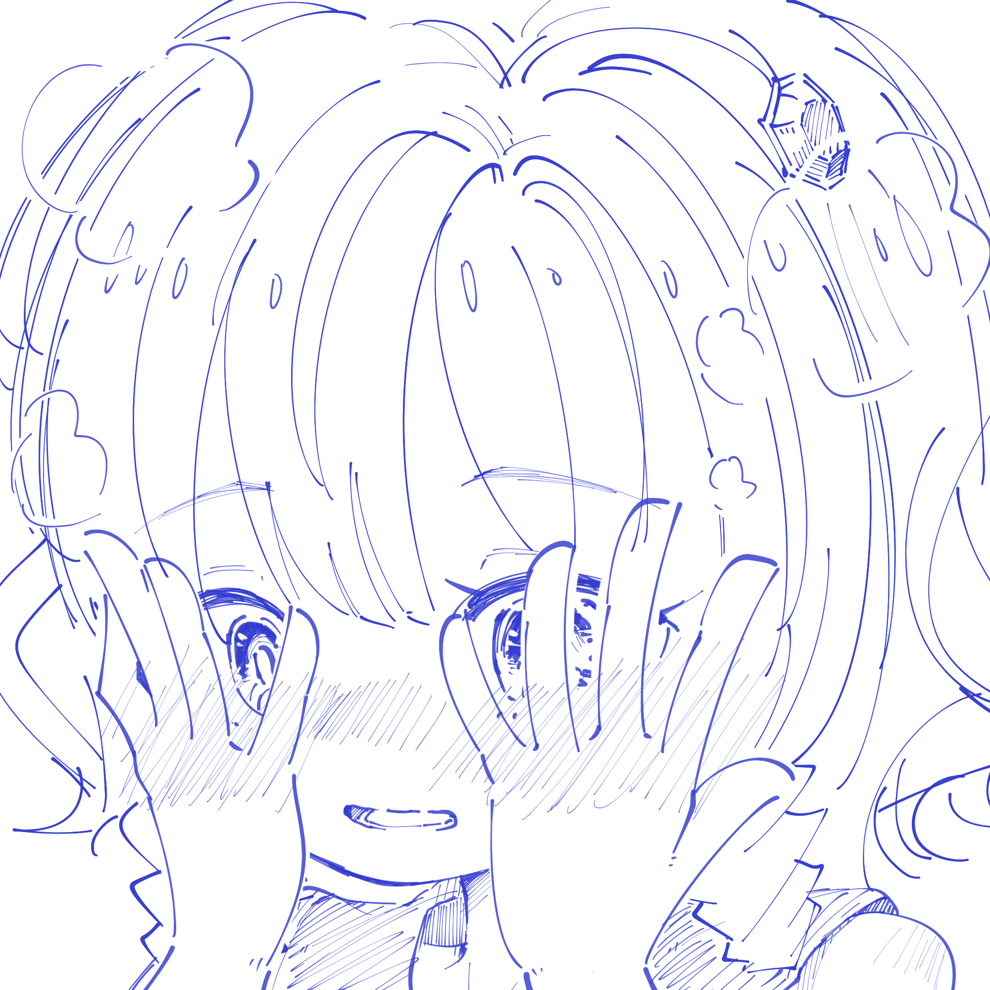 teisuu, imamura yukari (assault lily), assault lily, commentary request, highres, 1girl, blush, covering own eyes, drill hair, drill sidelocks, gem hair ornament, hair ornament, hands up, looking ahead, lower teeth only, monochrome, nose blush, odaiba girls high school uniform, parted lips, peeking through fingers, portrait, school uniform, shirt, short hair, sidelocks, simple background, sleeveless, sleeveless shirt, solo, teeth, white background