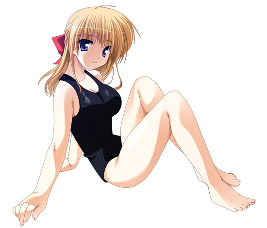 1girl, bad anatomy, black one-piece swimsuit, blonde hair, blue eyes, bow, breasts, cleavage, female focus, hair bow, large breasts, one-piece swimsuit, poorly drawn, school swimsuit, simple background, smile, solo, swimsuit