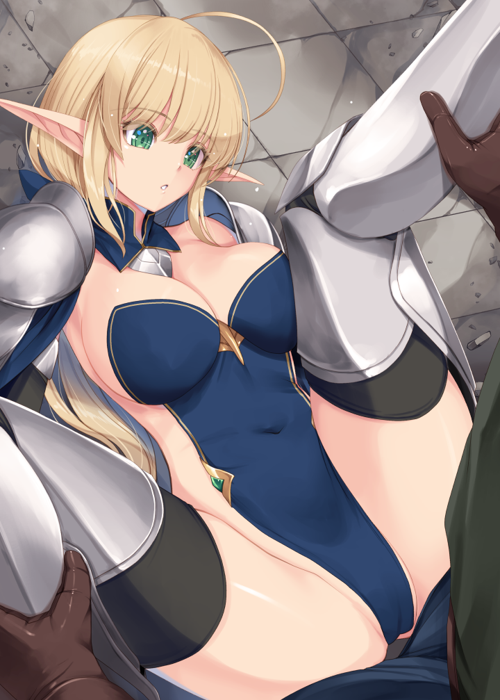 kirishima satoshi, original, commentary request, 1boy, 1girl, ahoge, armored boots, armored gloves, blonde hair, bodysuit, boots, breasts, cameltoe, covered navel, elf, green eyes, knight, large breasts, leotard, leotard elf knightess (kirishima satoshi), long hair, pointy ears, spread legs, super highleg