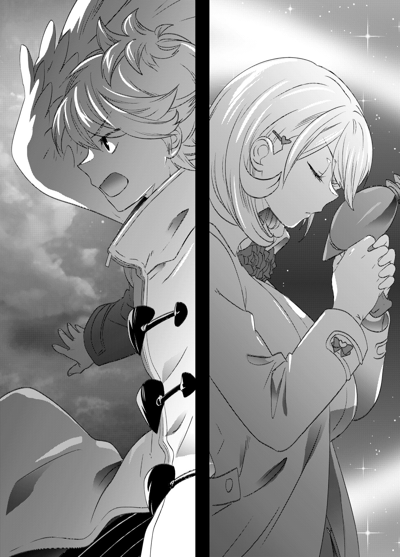 ikuhashi muiko, gamon yuuta, narusawa ryouka, occultic;nine, science adventure, highres, 1boy, 1girl, angel wings, breasts, closed eyes, coat, floating clothes, from side, greyscale, hair between eyes, hair ornament, heart, heart hair ornament, holding, holding ray gun, large breasts, long sleeves, medium hair, monochrome, multiple boys, open mouth, outstretched arm, profile, scarf, serious, short hair, split, upper body, white coat, wings