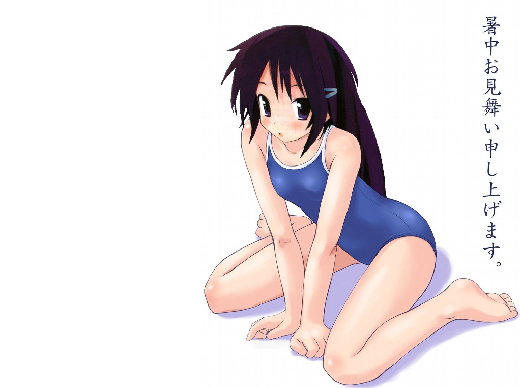 bosshi, akiba rika, hanbun no tsuki ga noboru sora, third-party edit, 00s, 1girl, blue one-piece swimsuit, competition school swimsuit, female focus, hair ornament, hairclip, kneeling, long hair, looking at viewer, one-piece swimsuit, purple eyes, purple hair, school swimsuit, simple background, solo, swimsuit, white background