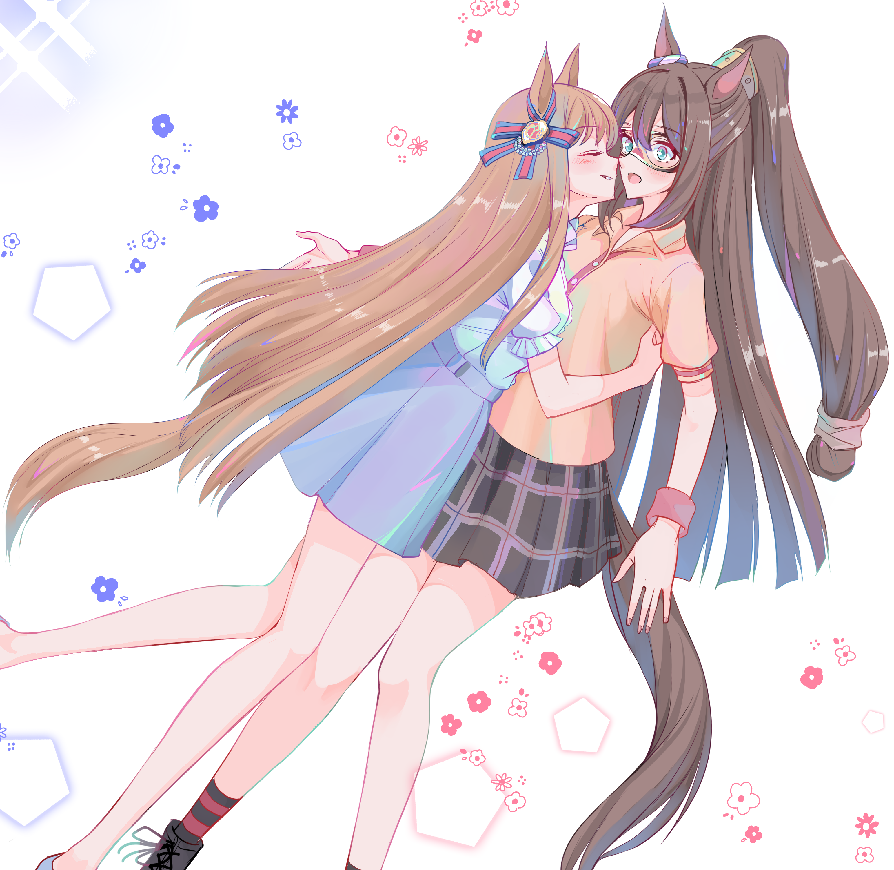 nguyen tam lee, el condor pasa (umamusume), grass wonder (umamusume), umamusume, absurdres, highres, 2girls, animal ears, black skirt, blue eyes, blue skirt, blush, bow, breasts, brown hair, closed eyes, domino mask, ear bow, ear ornament, ear scrunchie, eye mask, hair between eyes, hair ornament, horse ears, horse girl, horse tail, long hair, mask, multicolored hair, multiple girls, open mouth, orange shirt, ponytail, purple skirt, shirt, shoes, short sleeves, skirt, smile, socks, tail, white hair, white shirt, wristband, yuri