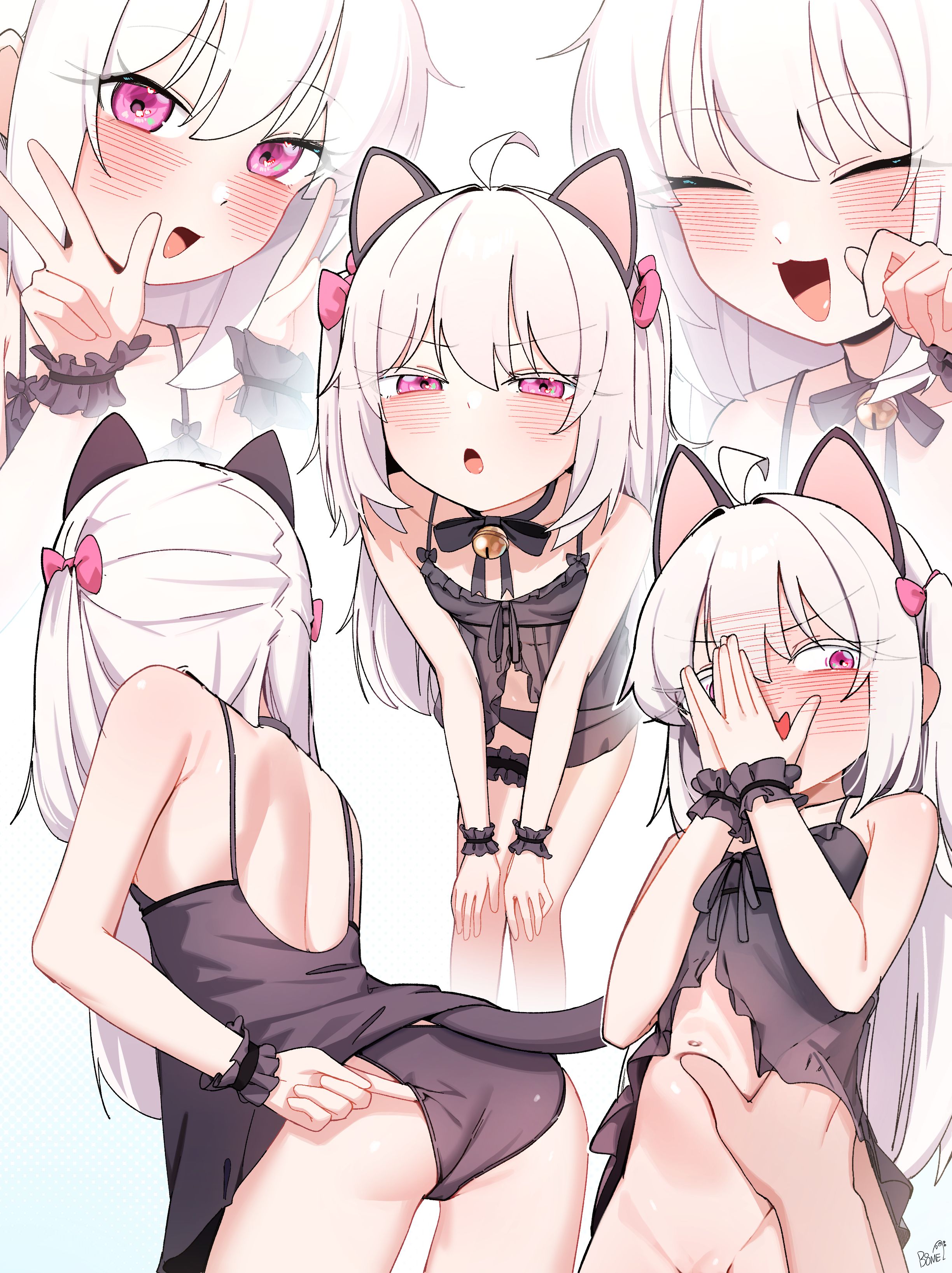 whonyang, original, absurdres, commission, highres, second-party source, 1girl, ahoge, animal ears, babydoll, bare shoulders, bell, black babydoll, black panties, blush, bow, cat ears, cat tail, closed eyes, fake animal ears, fake tail, hair bow, hand on another's stomach, jingle bell, leaning forward, looking at viewer, multiple views, navel, neck bell, open mouth, panties, pink bow, pink eyes, smile, tail, underwear, w, white background, white hair
