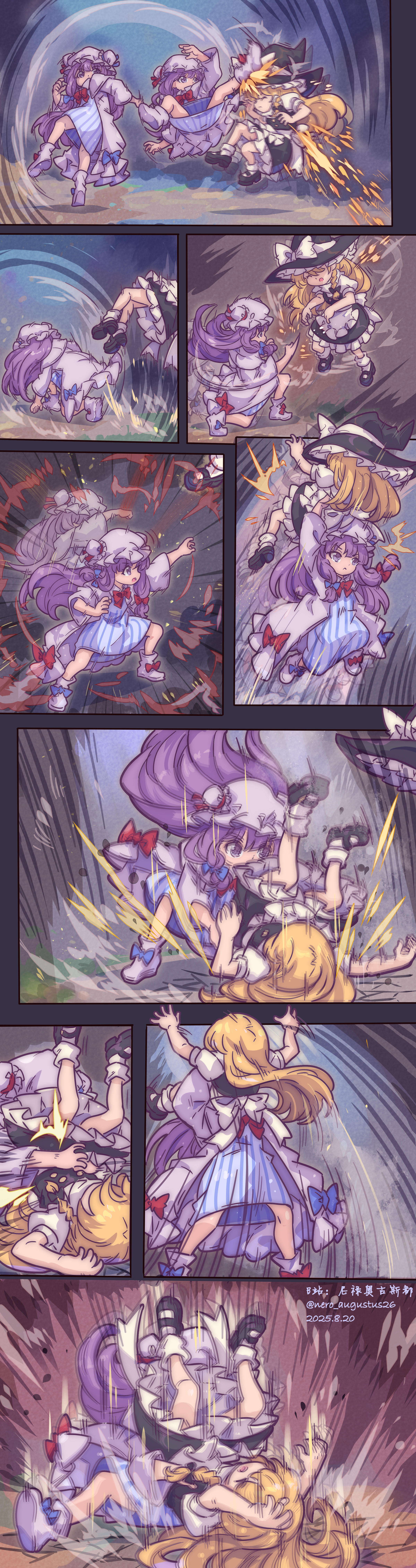 nero augustus, kirisame marisa, patchouli knowledge, zangief, street fighter, street fighter 6, touhou, absurdres, highres, 1girl, 2girls, apron, battle, black vest, blonde hair, bow, braid, dress, fighting game, hat, kicking, mob cap, multiple girls, punching, purple eyes, purple hair, side braid, striped clothes, striped dress, suplex, vest, waist apron, white bow, witch hat