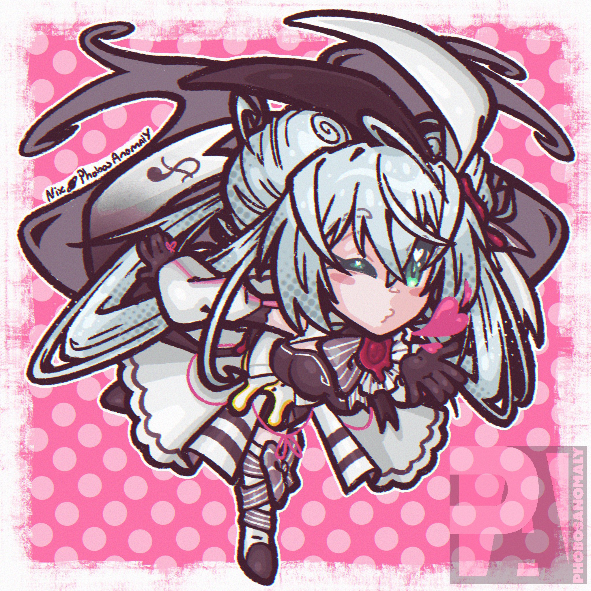 phobos-anomaly, eleanor forte, synthesizer v, commentary, english commentary, highres, 1girl, artist name, black gloves, breasts, dress, full body, gloves, green eyes, grey hair, hair between eyes, heart, kiss, long hair, one eye closed, pink background, polka dot, polka dot background, solo, twintails, very long hair, watermark, wax seal hair ornament