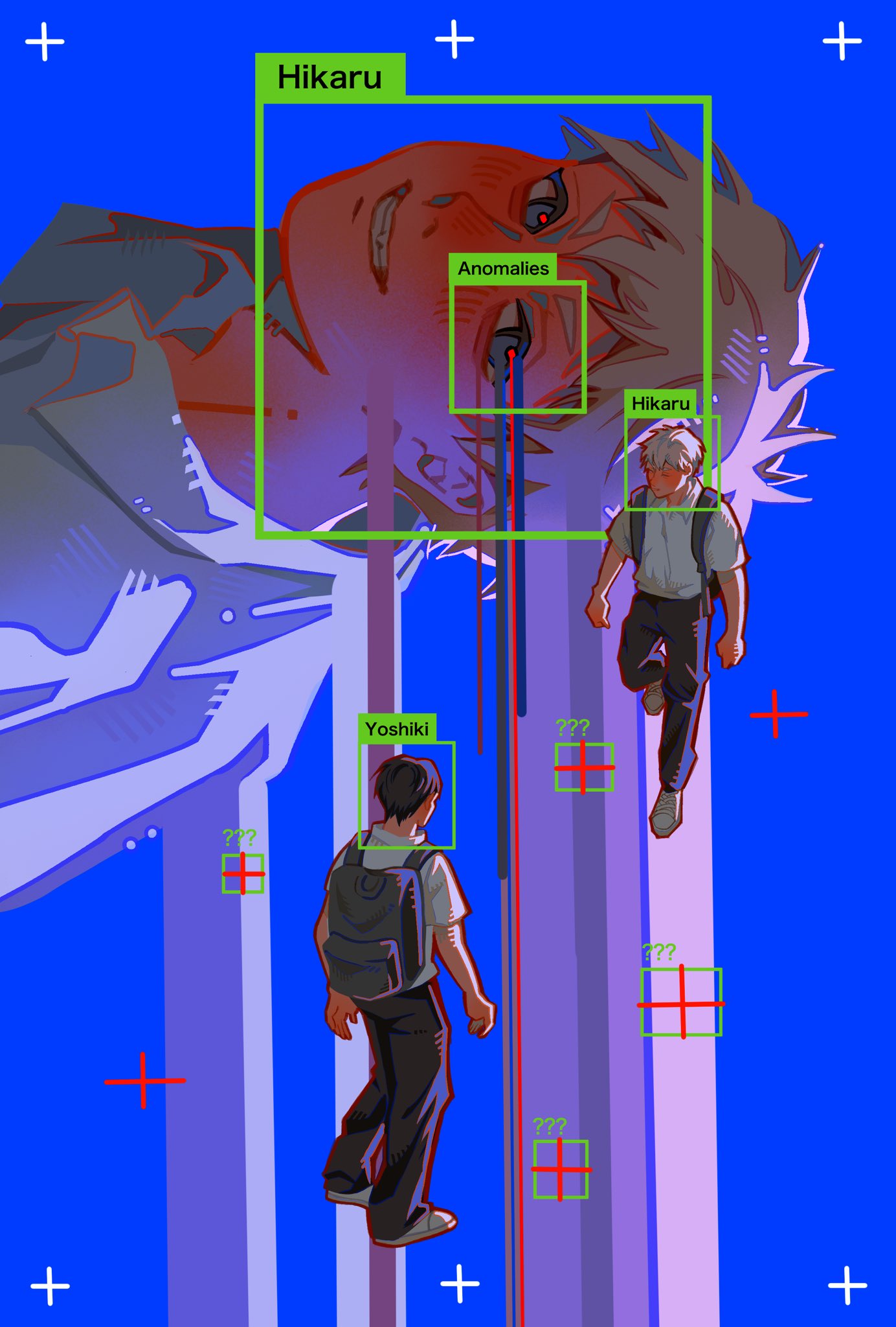 indou hikaru, tsujinaka yoshiki, hikaru ga shinda natsu, commentary, hashtag-only commentary, highres, 2boys, andreyuwu, backpack, bag, black pants, blue eyes, character name, collared shirt, floating, grin, male focus, multiple boys, pants, red pupils, shirt, shirt tucked in, shoes, short hair, smile, surreal, teeth, viewfinder, white hair, white shirt, wing collar