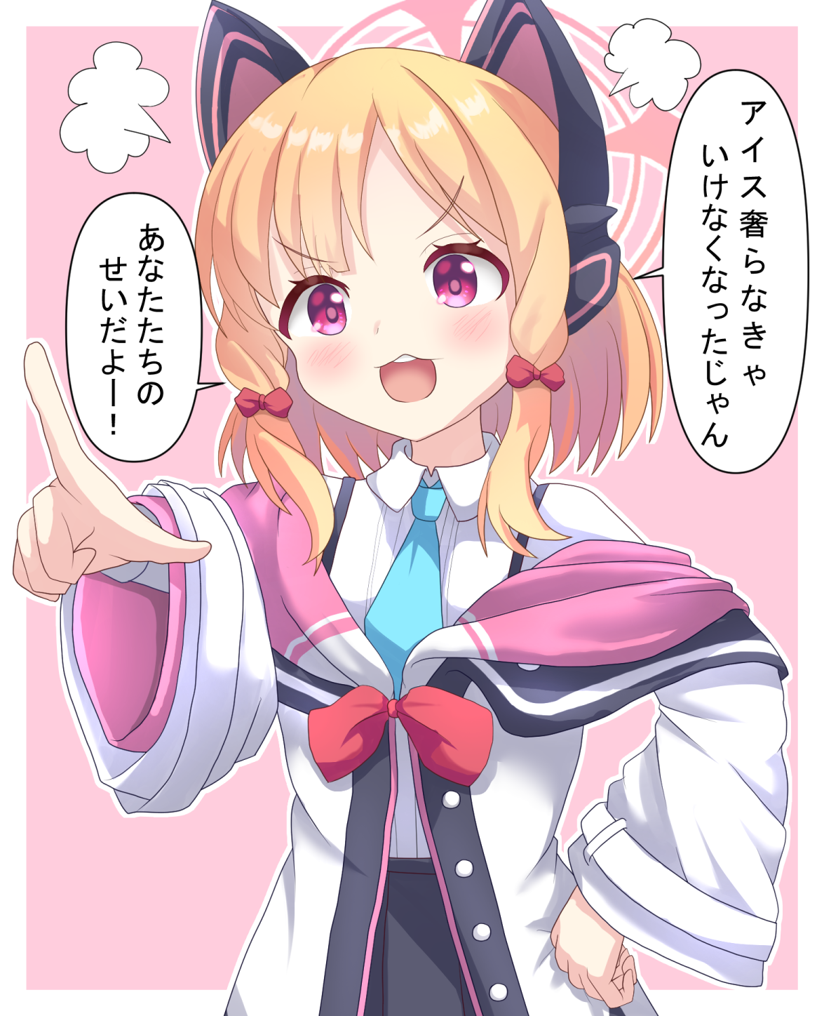 sills, momoi (blue archive), blue archive, commentary request, highres, translation request, 1girl, :d, animal ear headphones, animal ears, black skirt, blonde hair, blue necktie, blush, border, bow, collared shirt, fake animal ears, hair bow, halo, headphones, hood, hood down, hooded jacket, jacket, long sleeves, necktie, off shoulder, open mouth, outline, outstretched arm, pink background, pleated skirt, pointing, purple eyes, red bow, shirt, short necktie, skirt, smile, solo, suspender skirt, suspenders, v-shaped eyebrows, white border, white jacket, white outline, white shirt, wide sleeves