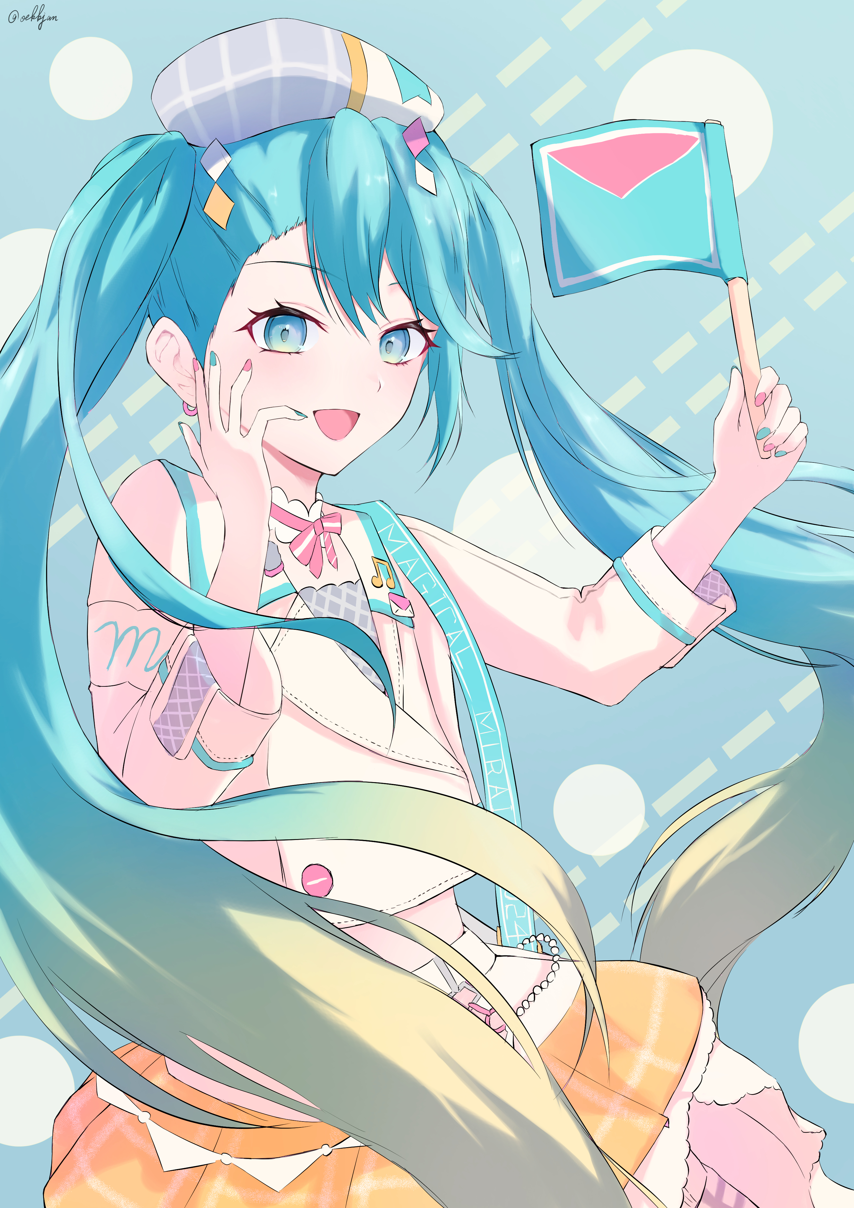 oekkjan, hatsune miku, magical mirai miku, magical mirai miku (2024), magical mirai (vocaloid), vocaloid, absurdres, highres, 1girl, aqua nails, beret, blonde hair, blush, cropped jacket, flag, gradient hair, hair ornament, hat, holding, holding flag, jacket, long hair, long sleeves, looking at viewer, midriff, multicolored hair, musical note ornament, official alternate costume, official alternate hairstyle, open mouth, pink nails, pleated skirt, skirt, smile, solo, twintails, very long hair, white hat, white jacket, yellow skirt