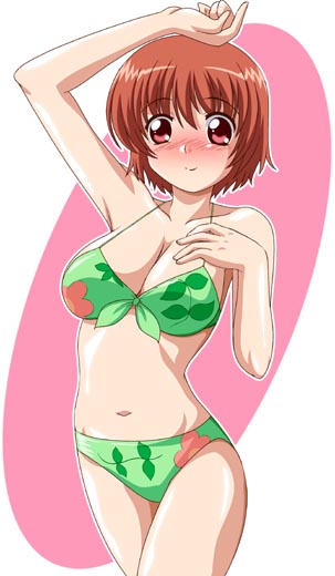 osaragi hazumu, kashimashi, 00s, 1girl, bare shoulders, bikini, blush, breasts, cleavage, female focus, green bikini, large breasts, red eyes, red hair, short hair, simple background, smile, solo, swimsuit