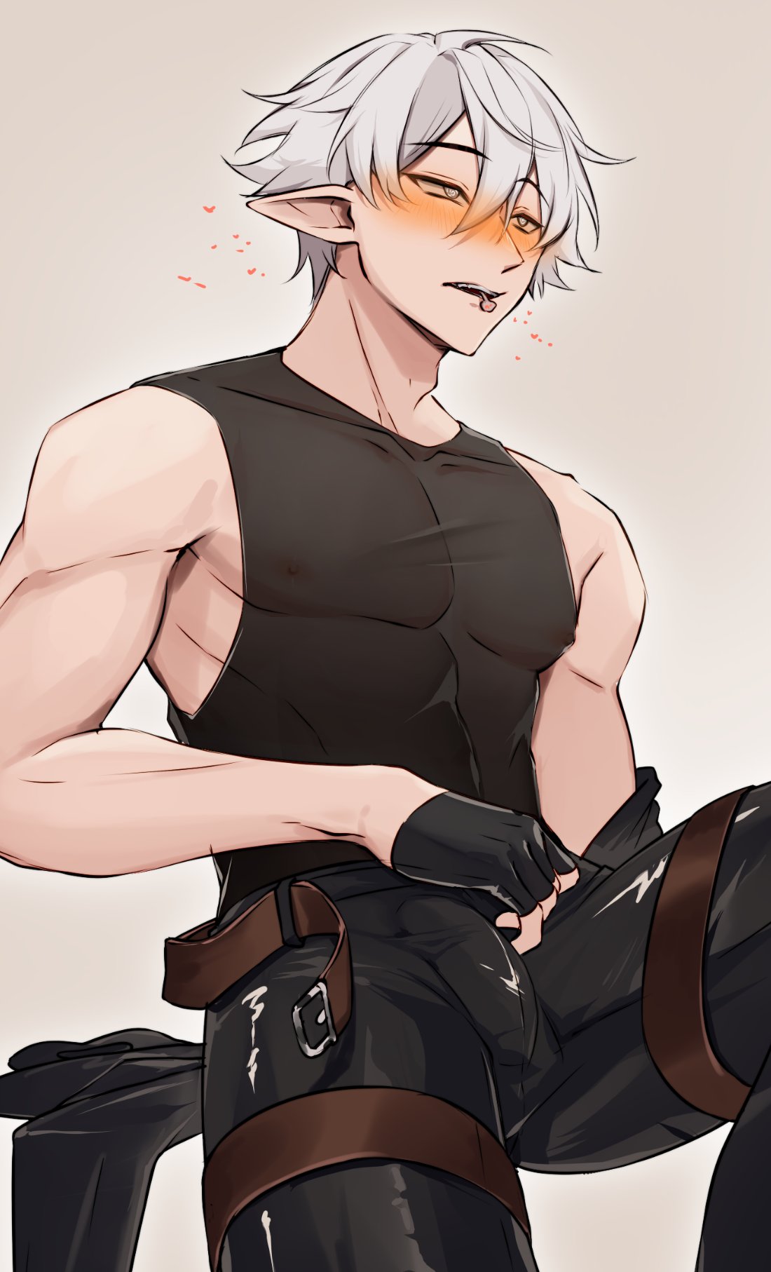 elfboiii, commentary, english commentary, highres, paid reward available, 1boy, 1hp club, black gloves, black jacket, black tank top, blank stare, bulge, covered penis, cowboy shot, double-parted bangs, erection, erection under clothes, fingerless gloves, flustered, gloves, grey eyes, hair between eyes, hand on own stomach, invisible chair, jacket, jacket partially removed, knee up, leg belt, male focus, muscular, muscular male, obi (1hp club), open mouth, pointy ears, short hair, sitting, solo, tank top, tight clothes, white hair