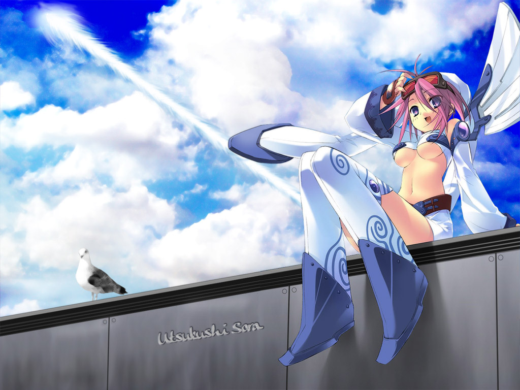 ito noizi, akizuki nagi, original, peace@pieces, 1girl, :d, bird, blush, breasts, building, cloud, day, female focus, happy, mecha musume, medium breasts, midriff, open mouth, pink hair, purple eyes, sitting, sky, smile, solo, thighhighs, underboob