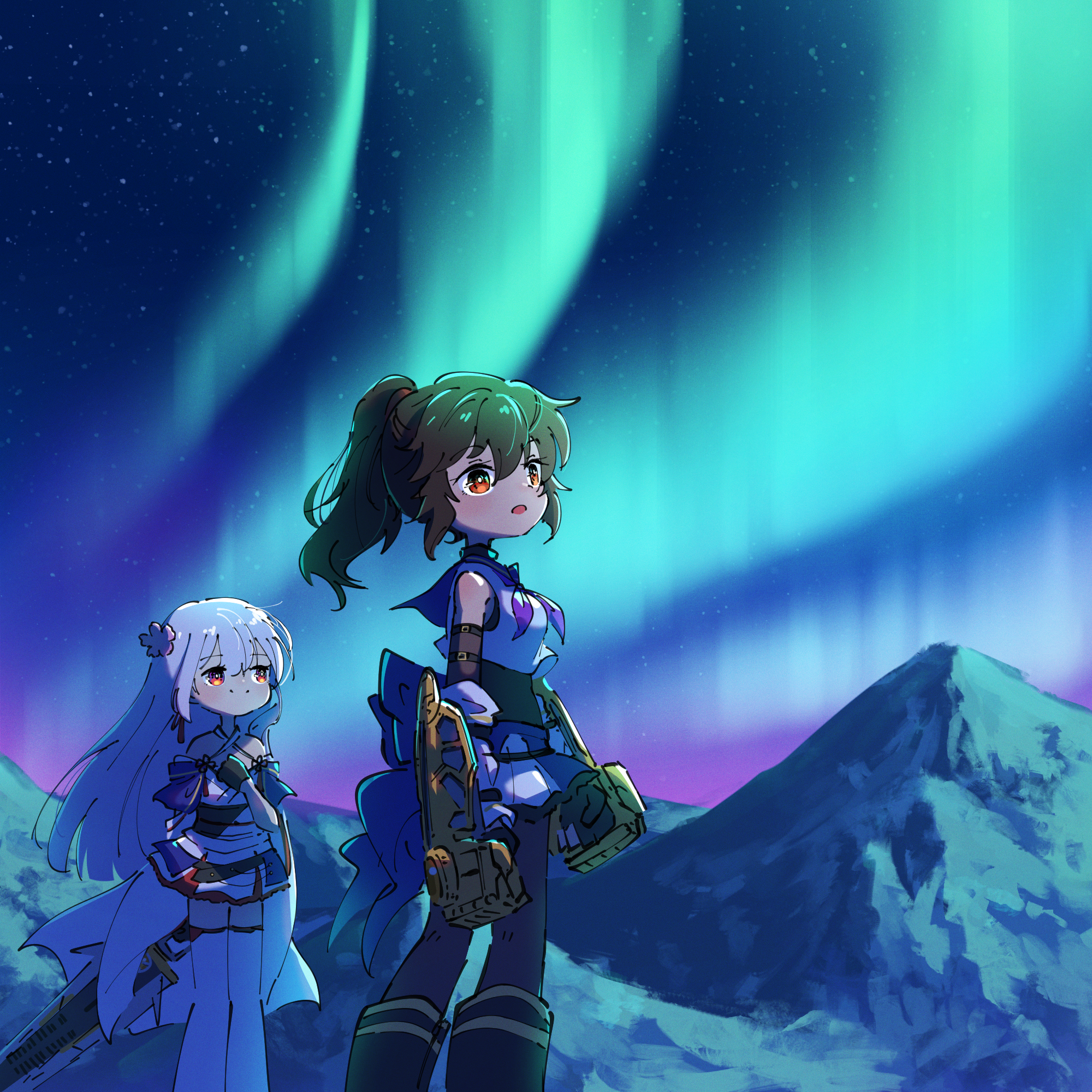teisuu, funada ui, nagasawa yuki (assault lily), assault lily, commentary request, highres, 2girls, arms at sides, aurora, back bow, bare shoulders, black hair, black pantyhose, blue bow, blue sailor collar, blue sky, boots, bow, breasts, closed mouth, criss-cross halter, crop top, detached sleeves, dual wielding, feet out of frame, flower, grey hair, hair between eyes, hair flower, hair ornament, halterneck, hand on own chest, hand up, high ponytail, holding, holding sword, holding weapon, japanese clothes, kimono, kimono skirt, knee boots, long hair, long sleeves, looking afar, looking up, medium breasts, medium hair, miniskirt, mountain, multiple girls, neckerchief, night, night sky, odaiba girls high school uniform, orange eyes, outdoors, pantyhose, parted lips, pink flower, ponytail, power fist, purple eyes, purple neckerchief, sailor collar, school uniform, serafuku, shirt, skirt, sky, smile, standing, star (sky), sword, tassel, tassel hair ornament, thighhighs, three-quarter sleeves, undershirt, very long hair, waist cape, weapon, white kimono, white shirt, white thighhighs, wide sleeves, zettai ryouiki
