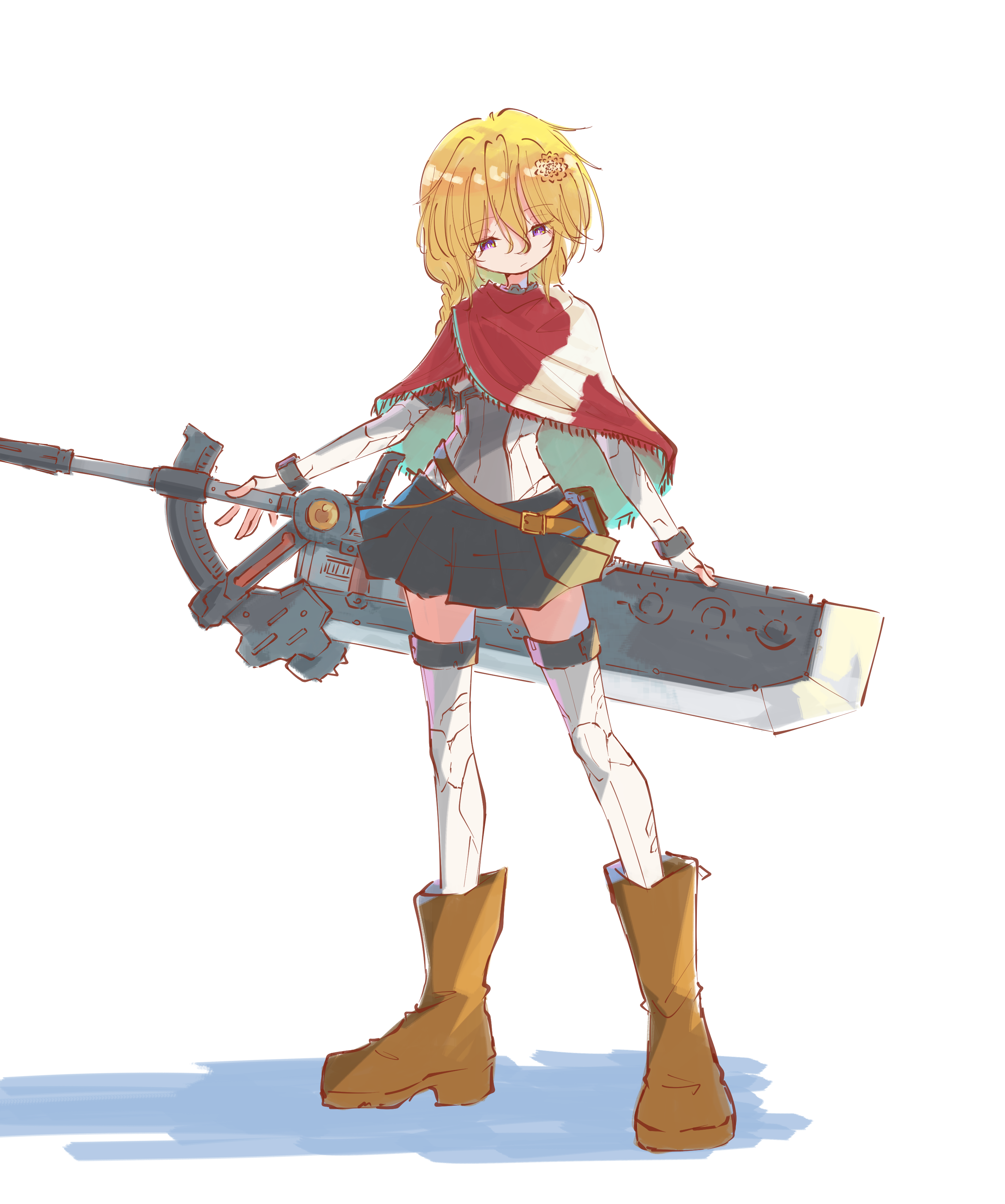 teisuu, uchida mayuri, assault lily, absurdres, commentary request, highres, 1girl, :/, belt, black skirt, blonde hair, boots, braid, braided ponytail, brown belt, brown boots, closed mouth, fingerless gloves, flower, fringe trim, full body, gloves, greatsword, grey shirt, hair between eyes, hair flower, hair ornament, holding, holding behind back, holding sword, holding sword behind back, holding weapon, holding weapon behind back, long bangs, long hair, looking ahead, looking down, miniskirt, orange flower, pleated skirt, pouch, purple eyes, red shawl, shawl, shirt, simple background, single braid, skirt, solo, standing, sword, thighhighs, two-tone shawl, two-tone shirt, weapon, white background, white gloves, white shawl, white shirt, white thighhighs, zettai ryouiki