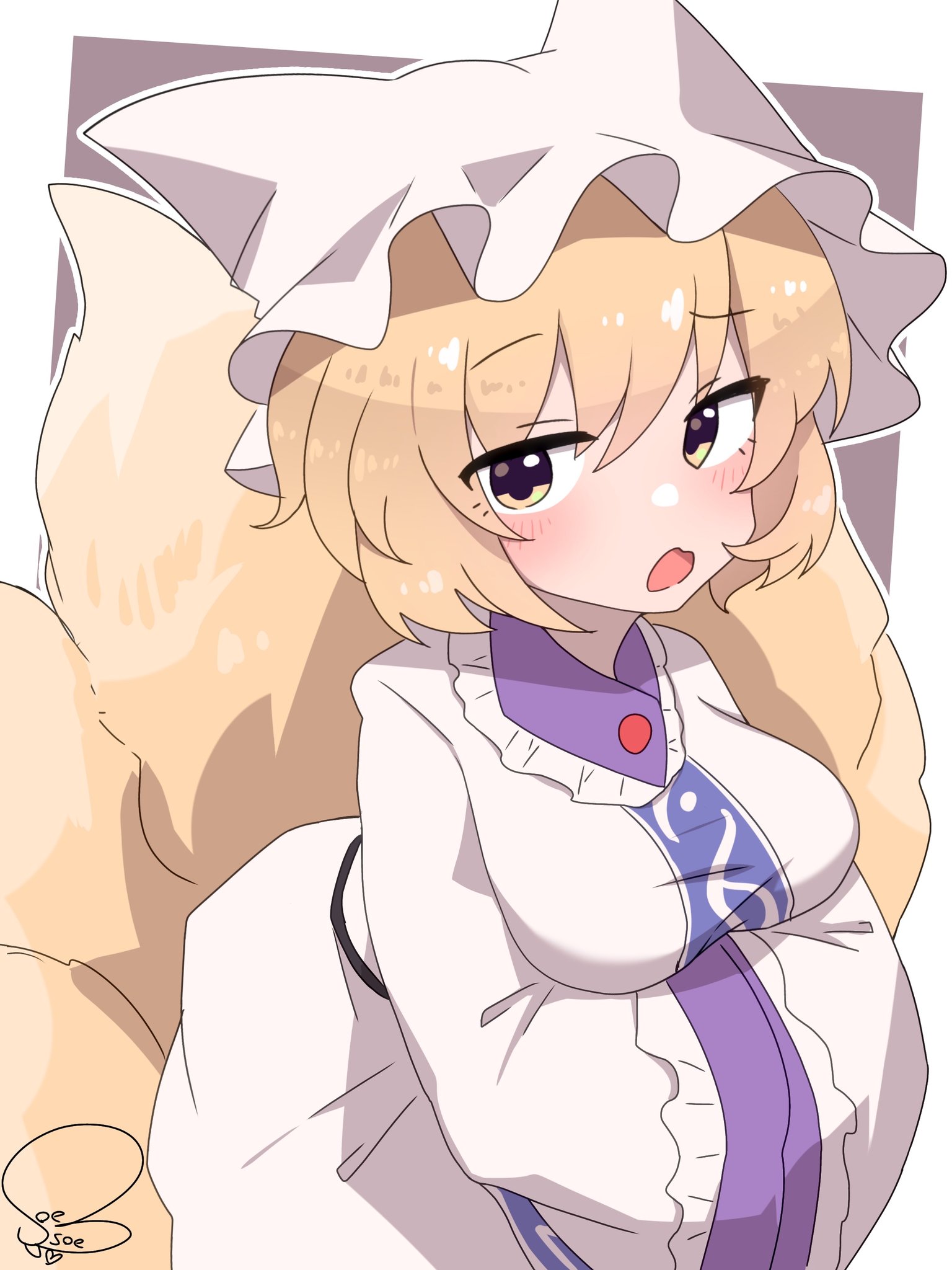 soesoe300, yakumo ran, touhou, highres, 1girl, arms under breasts, blonde hair, blue tabard, blush, breasts, dress, fox girl, fox tail, hair between eyes, hat, kitsune, kyuubi, large breasts, long sleeves, looking at viewer, medium hair, multiple tails, open mouth, own hands together, signature, solo, tabard, tail, white dress, yellow eyes