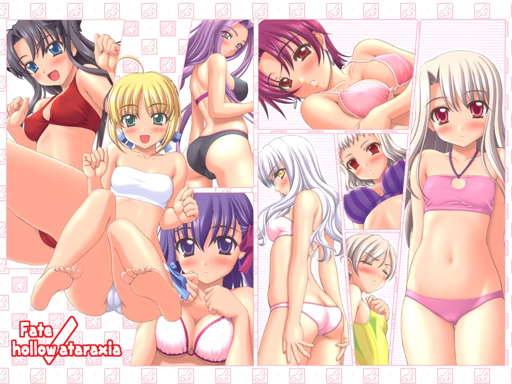 artoria pendragon (fate), illyasviel von einzbern, matou sakura, medusa (fate), medusa (rider) (fate), saber (fate), tohsaka rin, fate/hollow ataraxia, fate/stay night, fate (series), 00s, 6+girls, ahoge, ass, bikini, black hair, blonde hair, blue eyes, blush, breasts, cameltoe, cleavage, covered erect nipples, earrings, green eyes, jewelry, large breasts, long hair, medium breasts, multiple girls, one-piece swimsuit, pink hair, purple eyes, purple hair, red eyes, short hair, small breasts, striped bikini, striped clothes, swimsuit, vertical-striped bikini, vertical-striped clothes, white hair